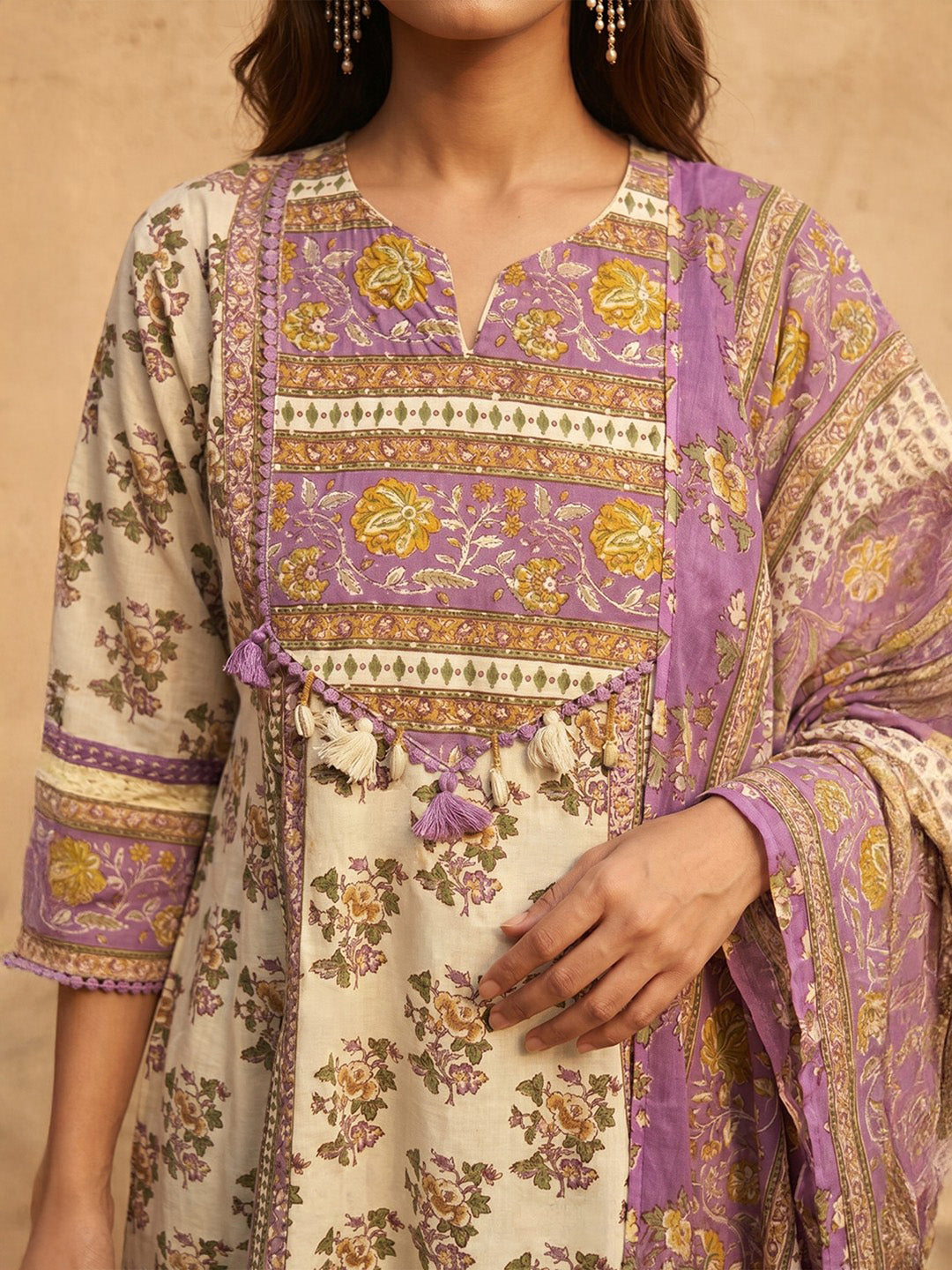 Janasya Women's Cream Pure Cotton Embellished Yoke Design Floral Printed A-Line Kurta Set