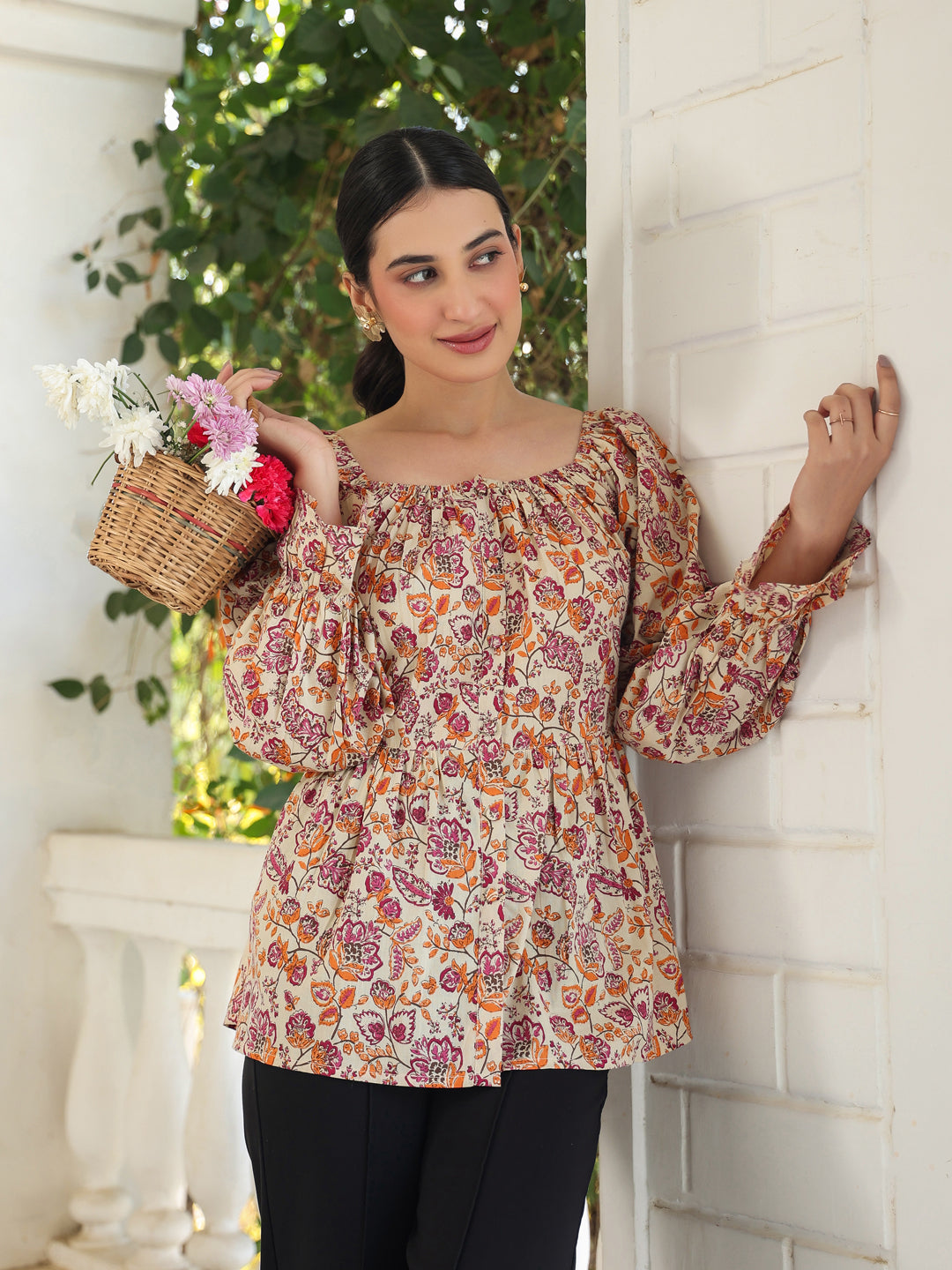 Beige Pure Cotton Floral Printed Peplum Top