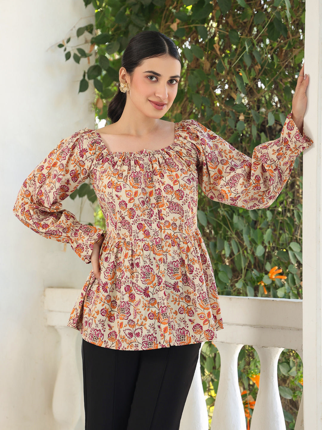 Beige Pure Cotton Floral Printed Peplum Top