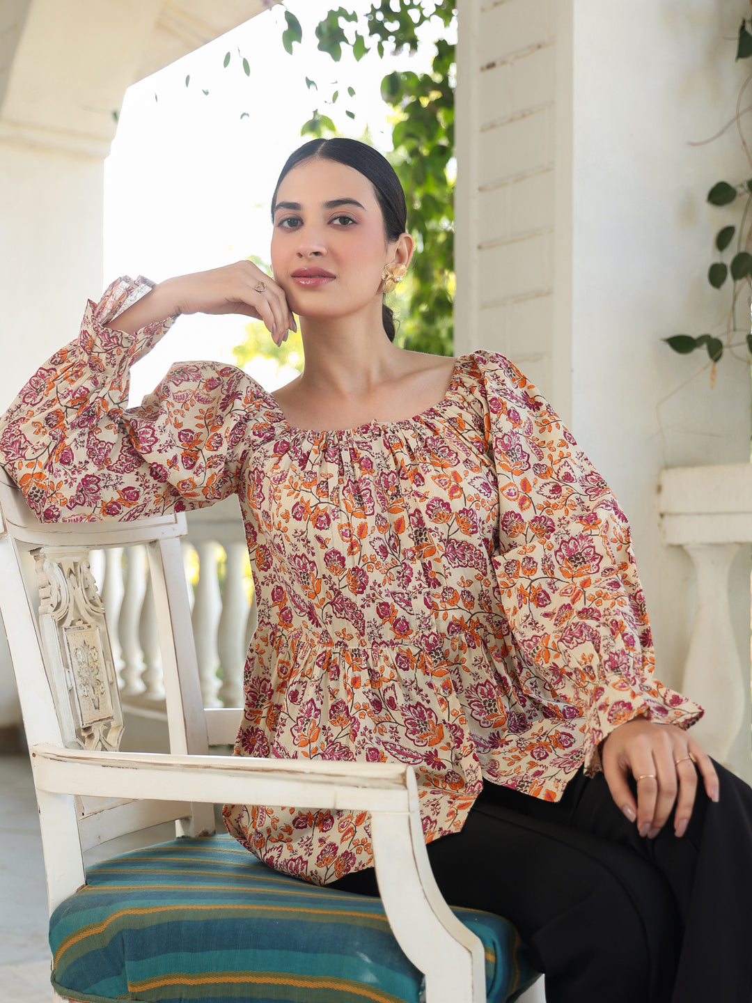 Beige Pure Cotton Floral Printed Peplum Top