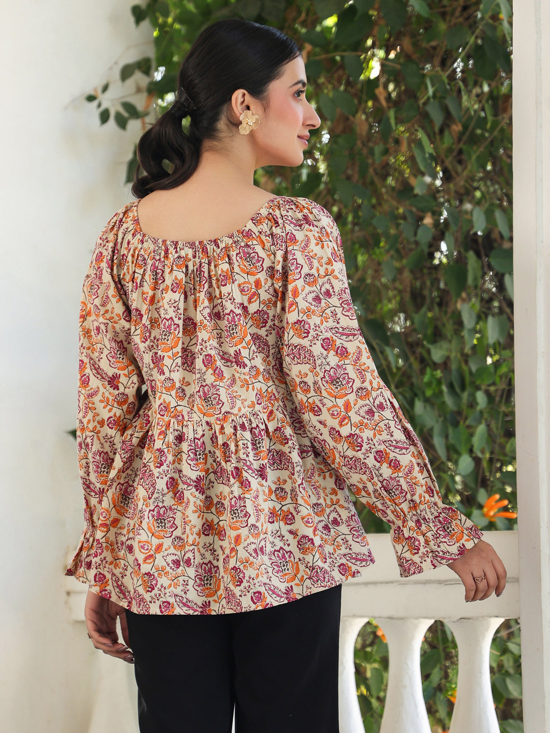 Beige Pure Cotton Floral Printed Peplum Top