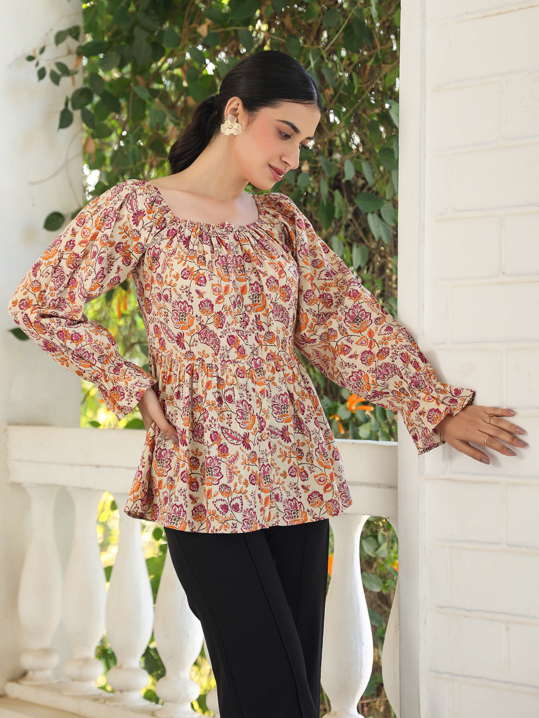 Beige Pure Cotton Floral Printed Peplum Top