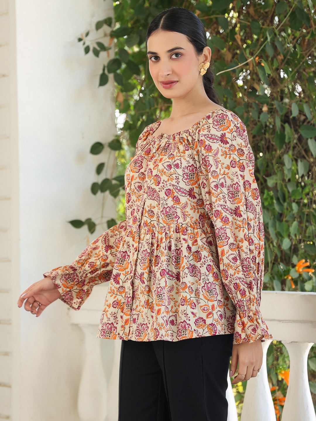 Beige Pure Cotton Floral Printed Peplum Top