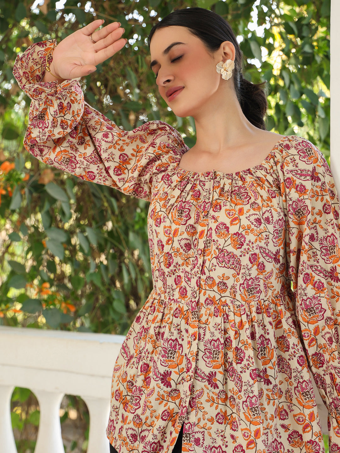 Beige Pure Cotton Floral Printed Peplum Top