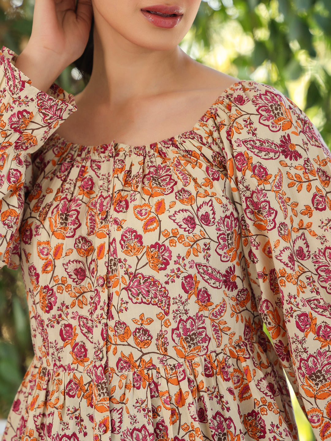 Beige Pure Cotton Floral Printed Peplum Top