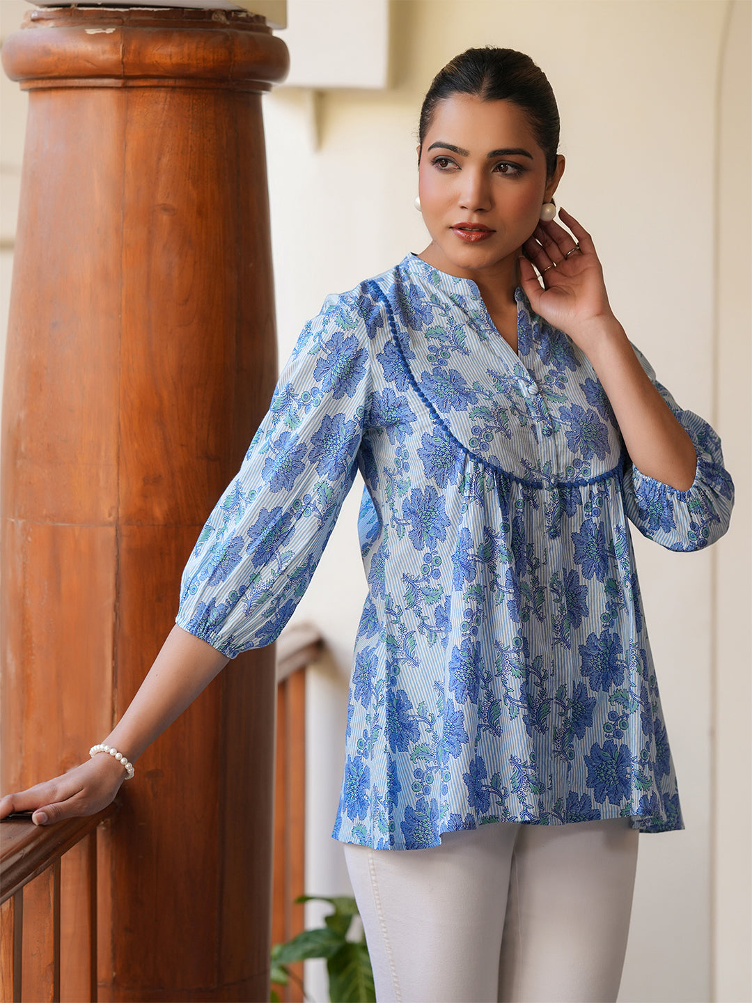 Janasya Women's Blue Pure Cotton Floral Printed A-line Top