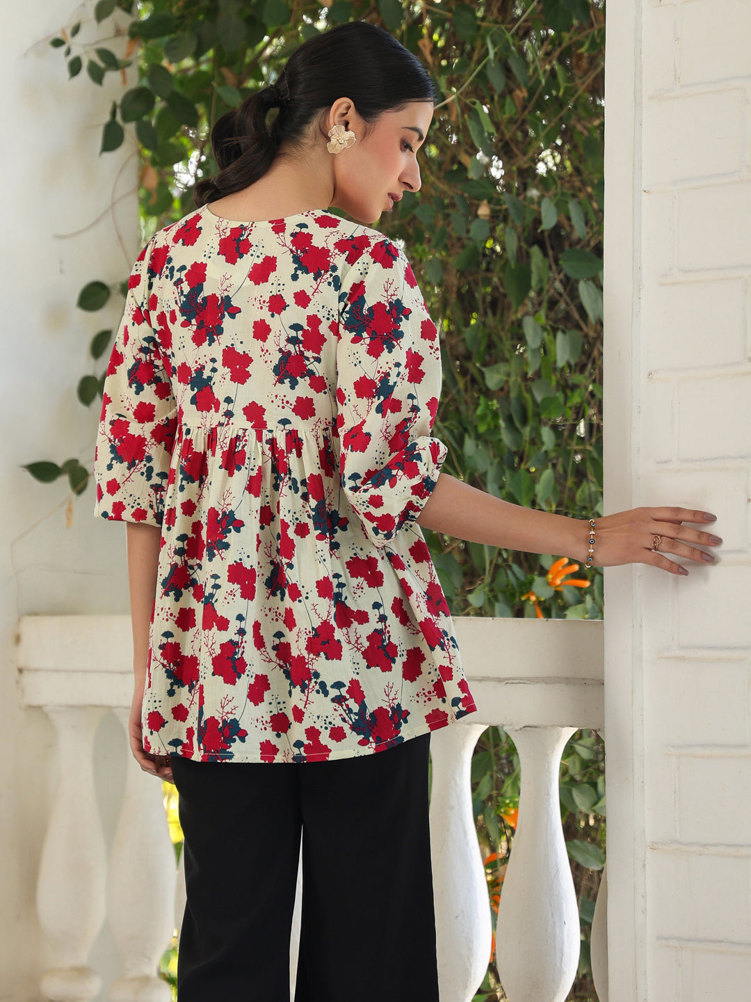 Cream Pure Cotton Floral Printed A-Line Top