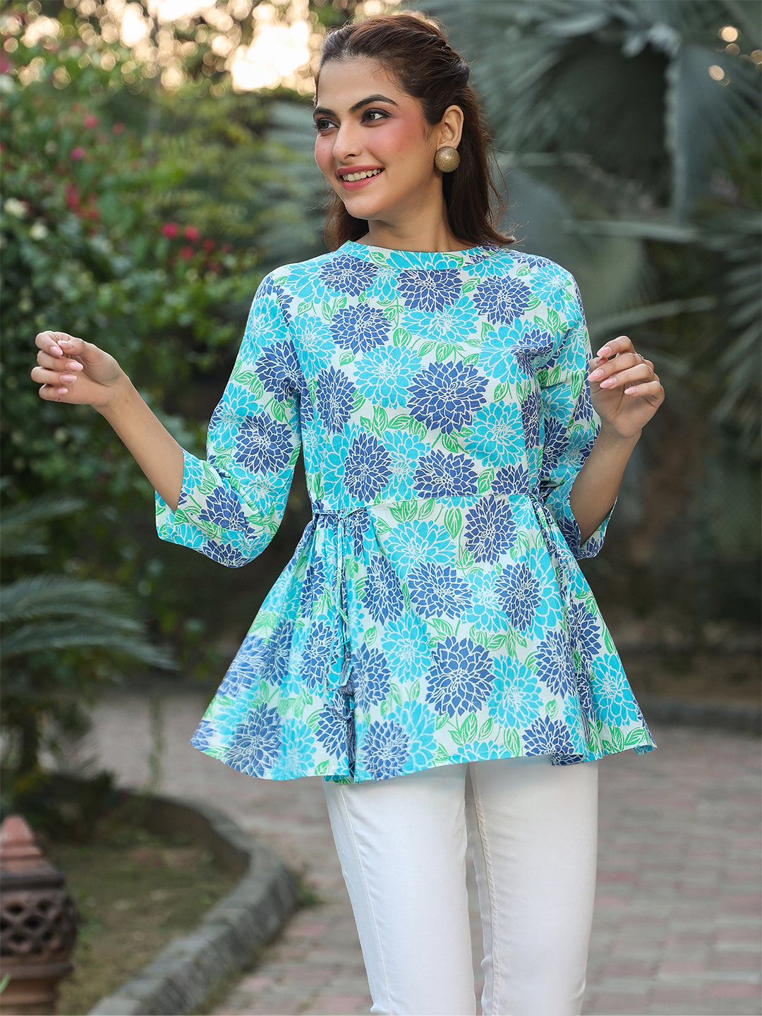 White & Blue Pure Cotton Floral Printed Fit & Flare Top