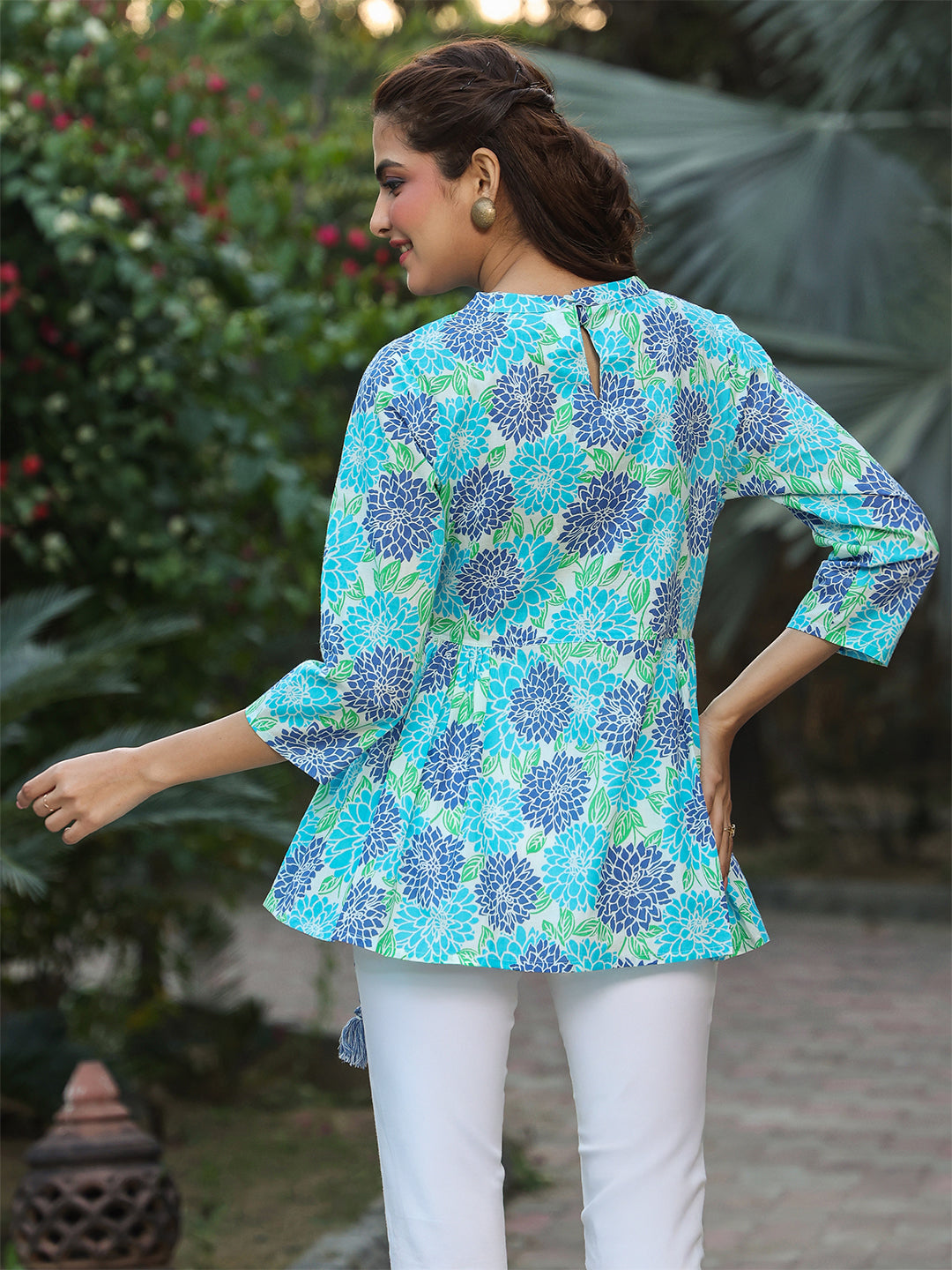 White & Blue Pure Cotton Floral Printed Fit & Flare Top