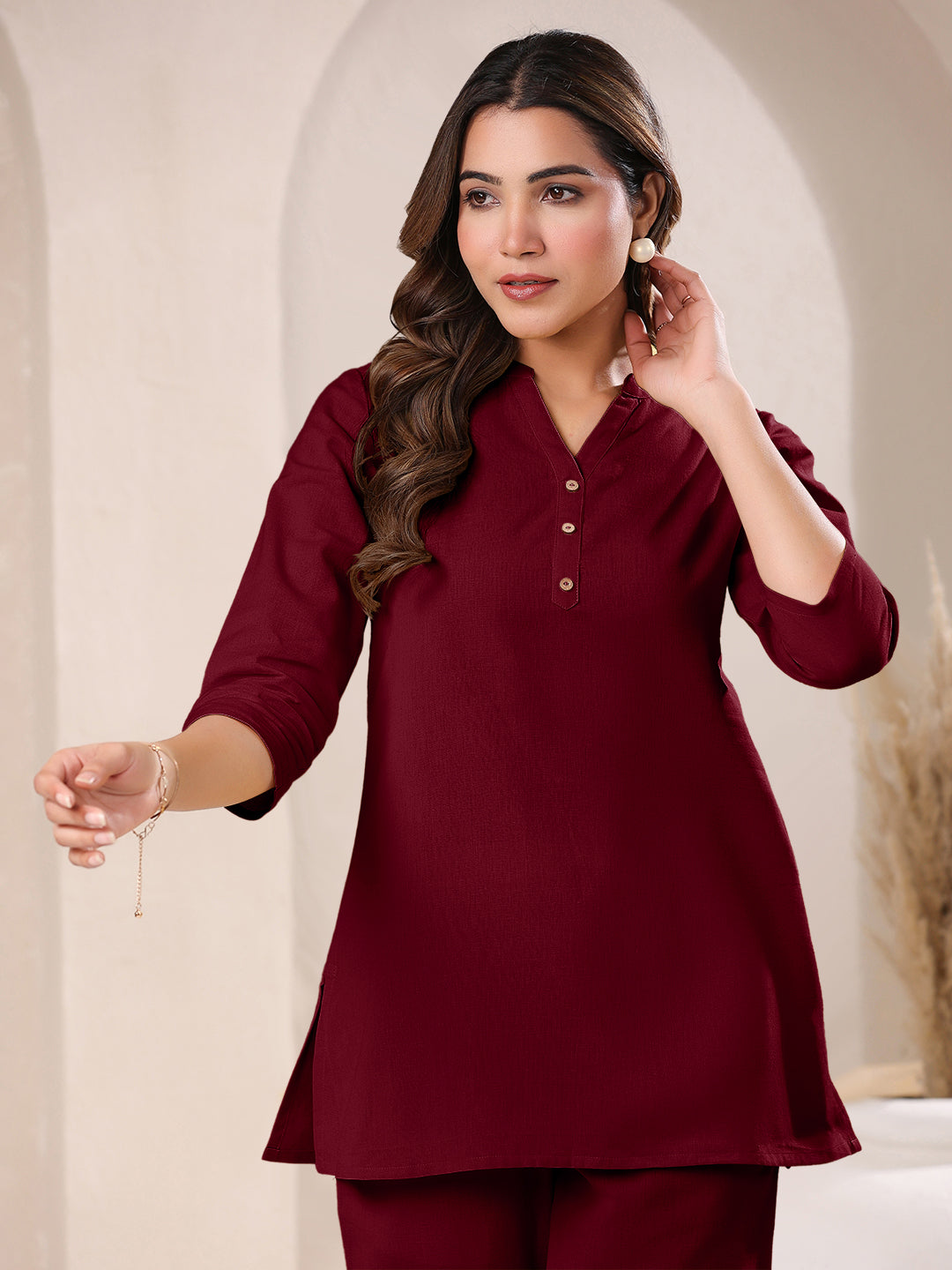 Maroon Cotton Solid A-line Top