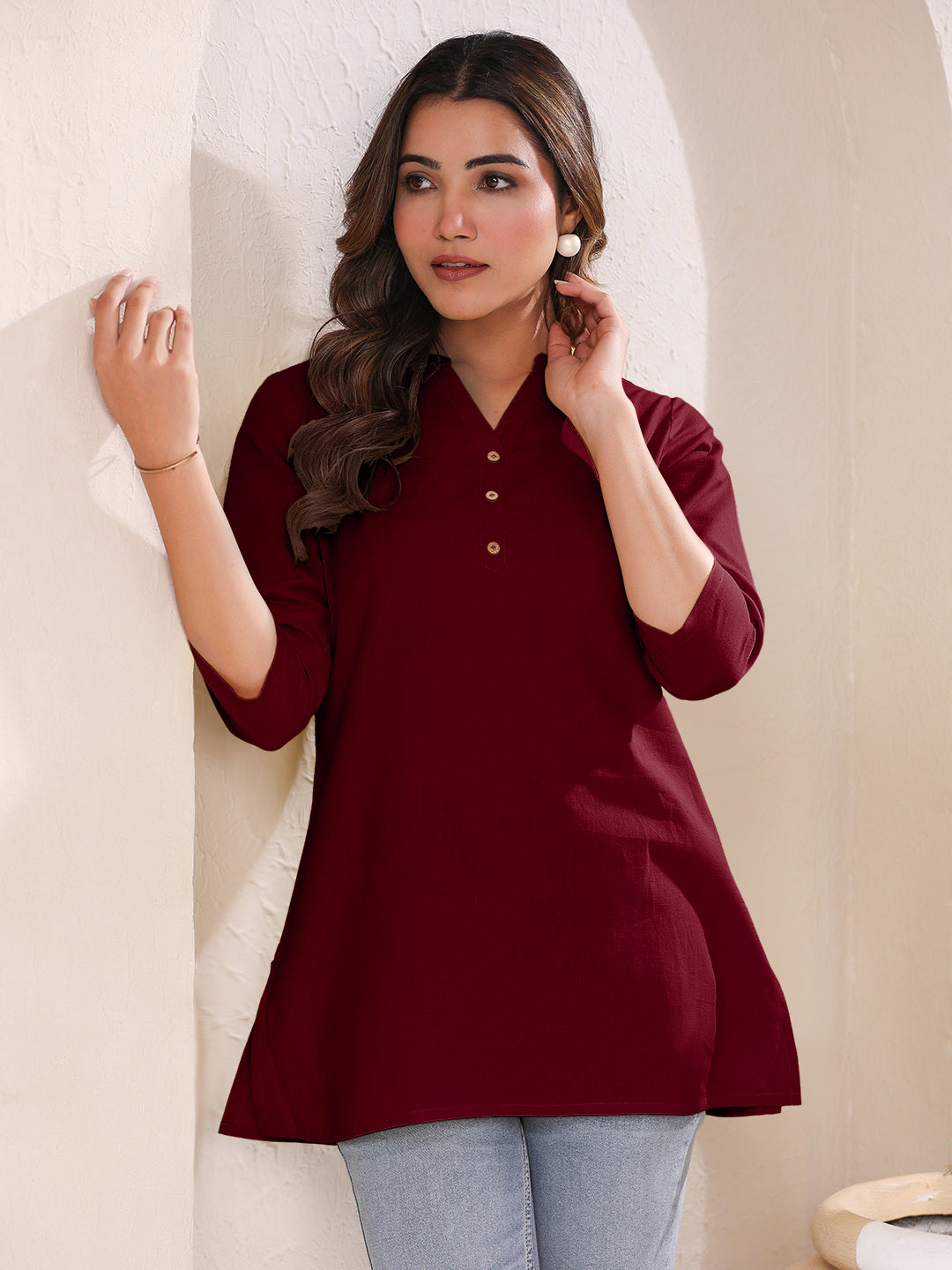 Maroon Cotton Solid A-line Top