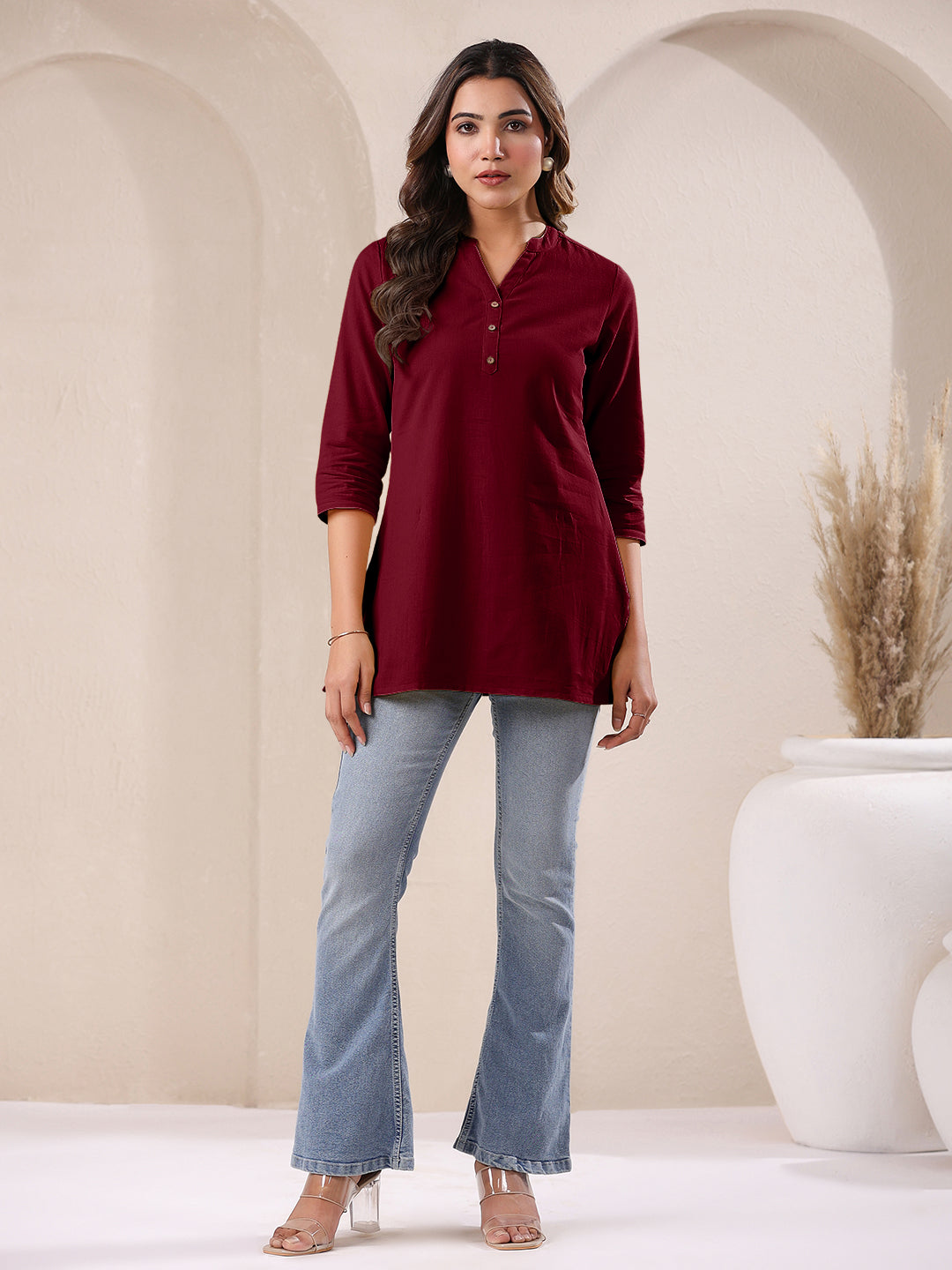 Maroon Cotton Solid A-line Top