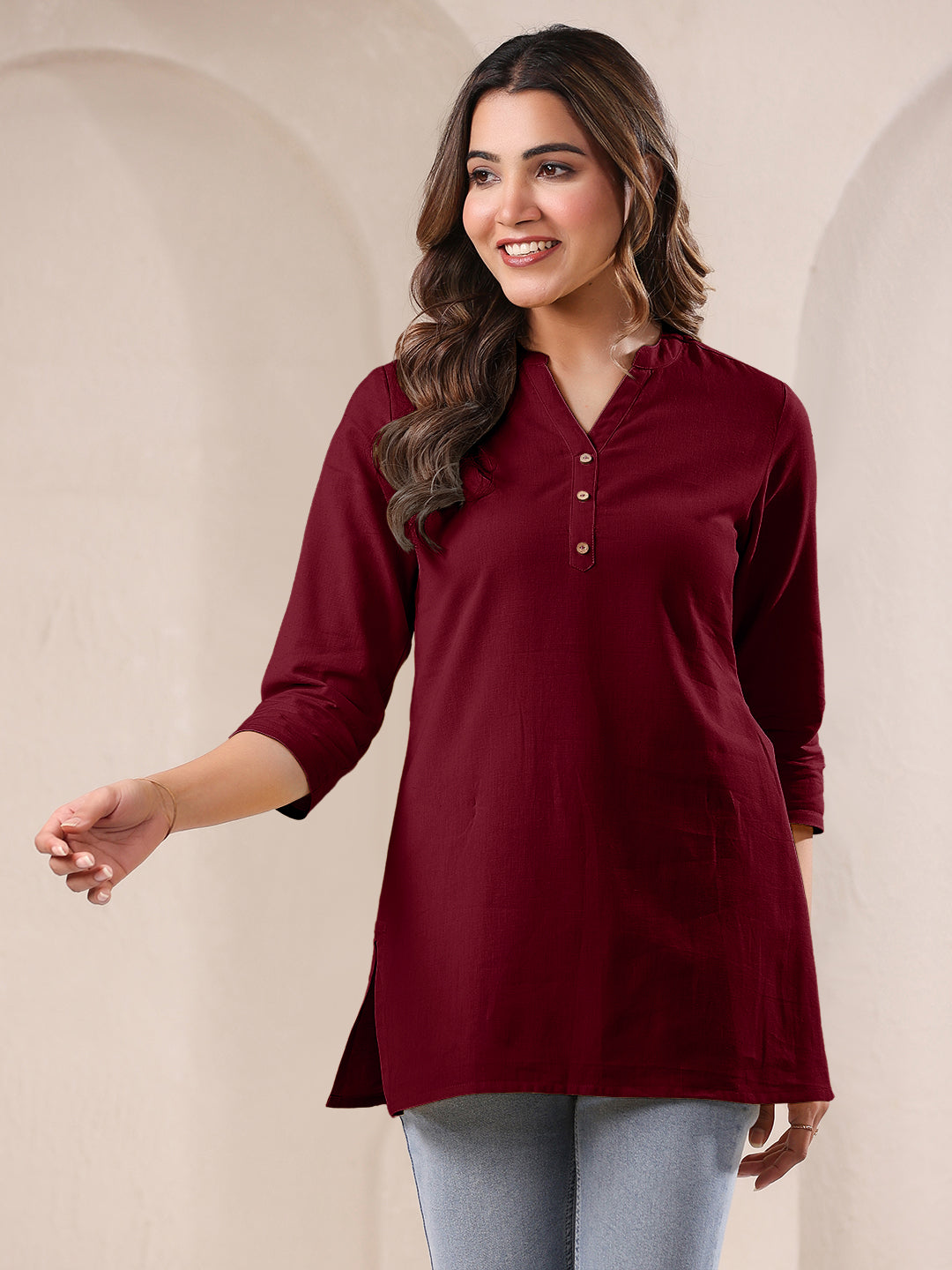 Maroon Cotton Solid A-line Top