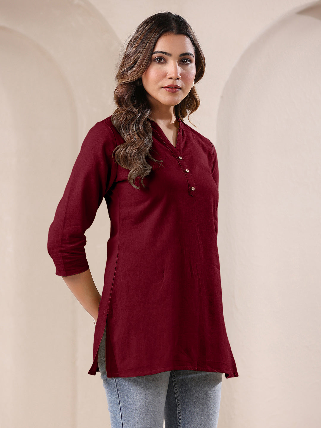 Maroon Cotton Solid A-line Top