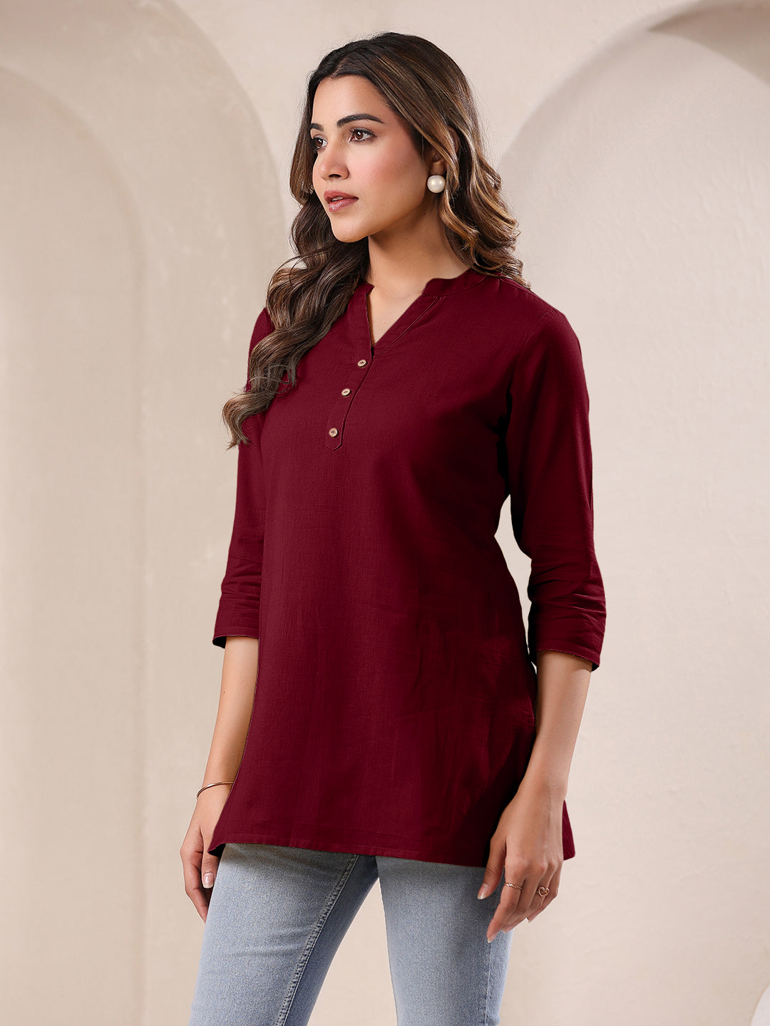 Maroon Cotton Solid A-line Top