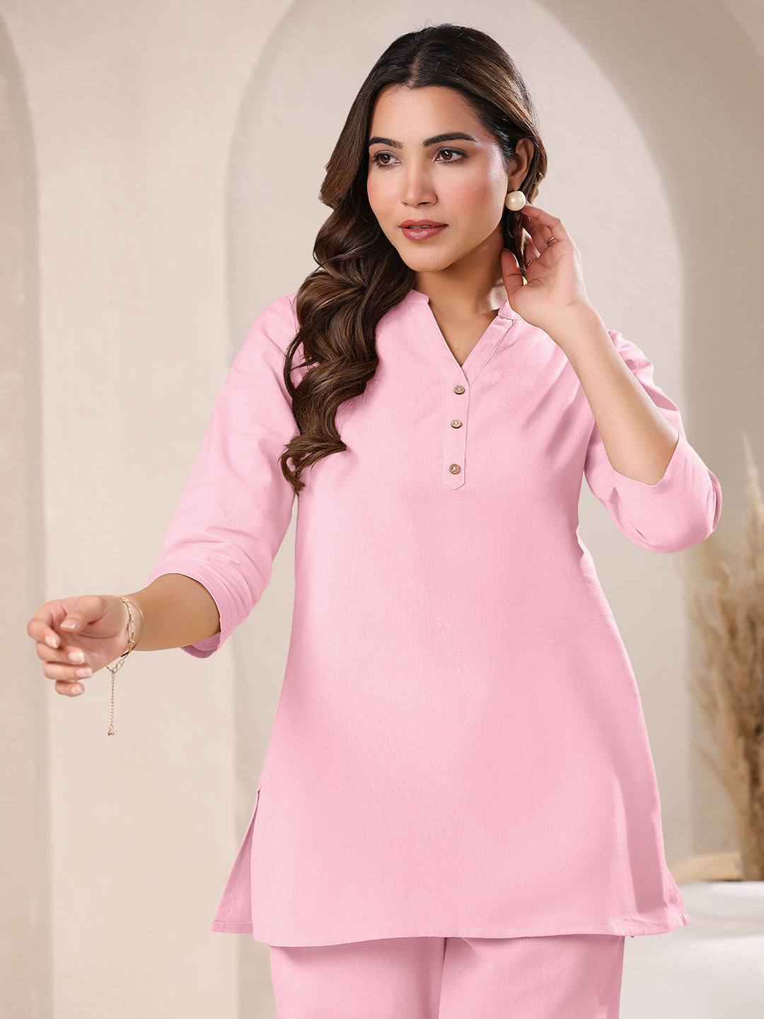 Pink Cotton Solid A-line Top