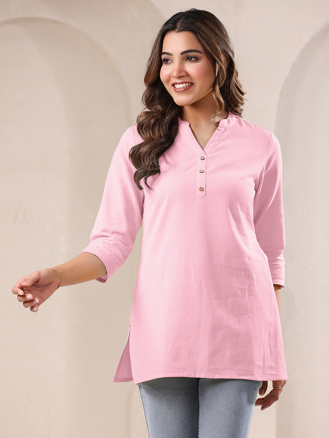 Pink Cotton Solid A-line Top