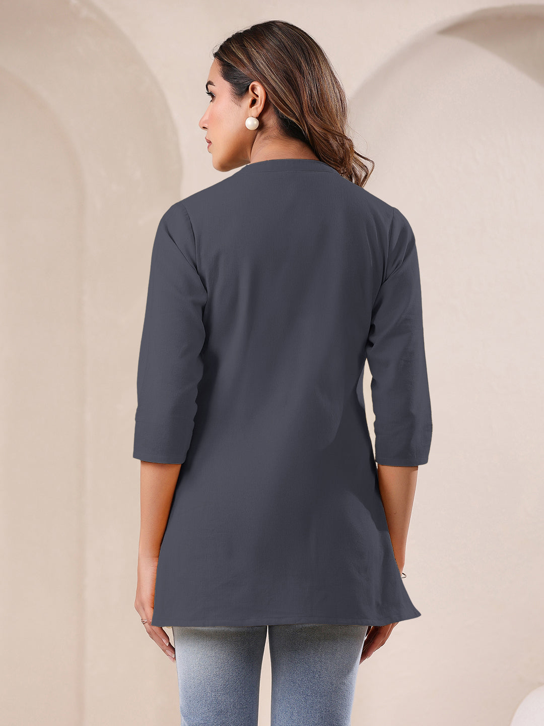 Grey Cotton Blend Solid A-line Top