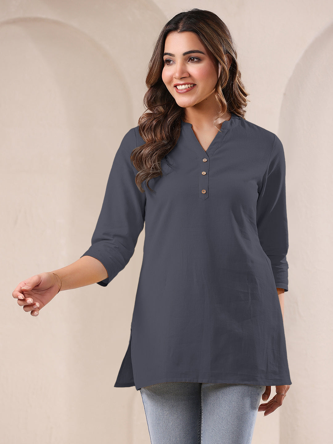 Grey Cotton Blend Solid A-line Top