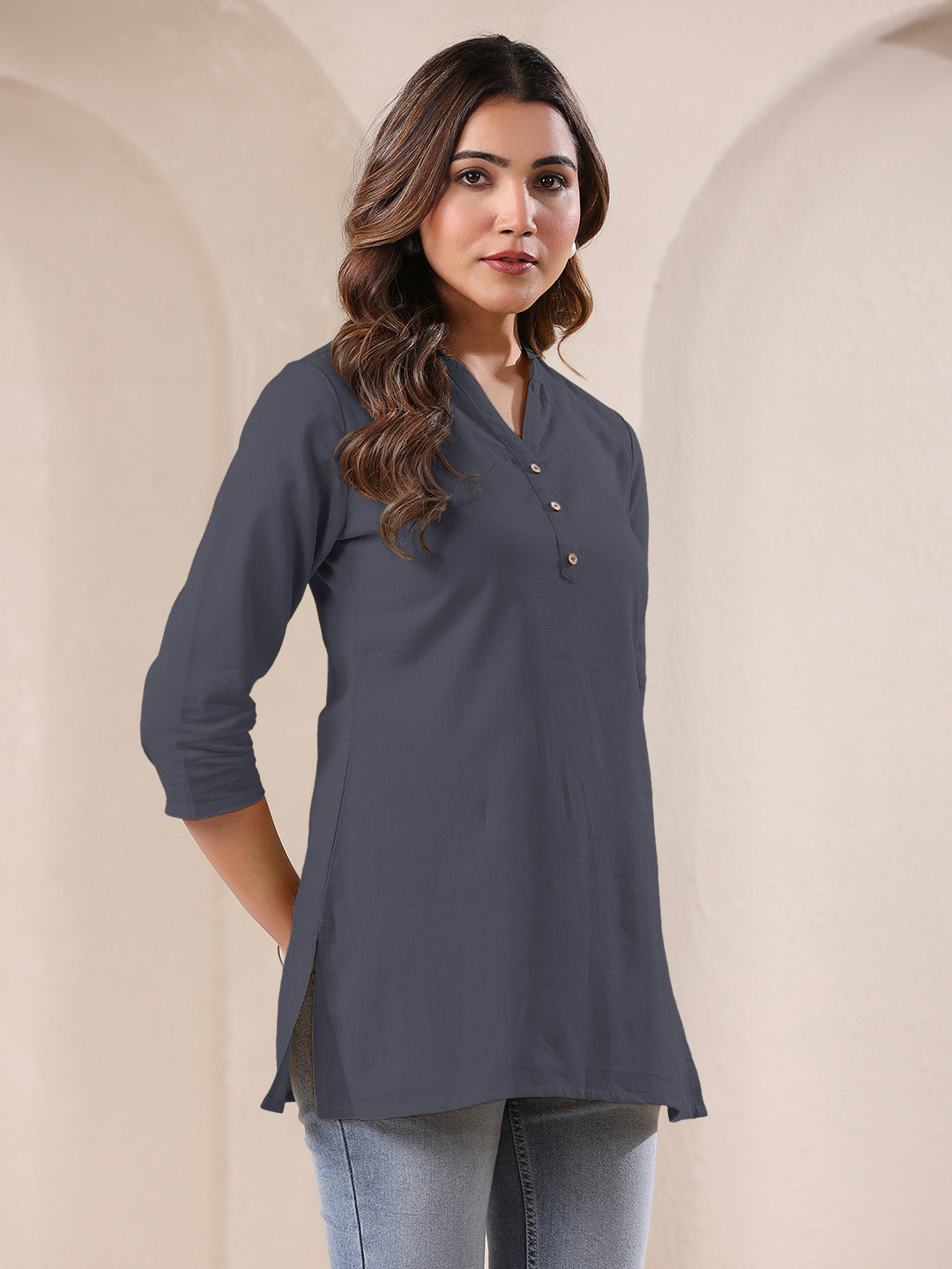 Grey Cotton Blend Solid A-line Top