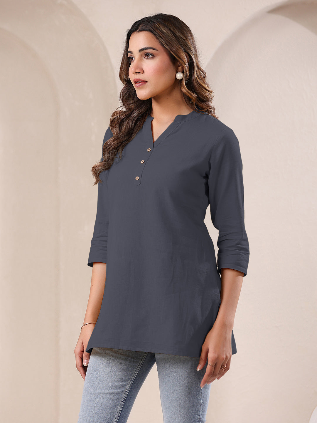 Grey Cotton Blend Solid A-line Top