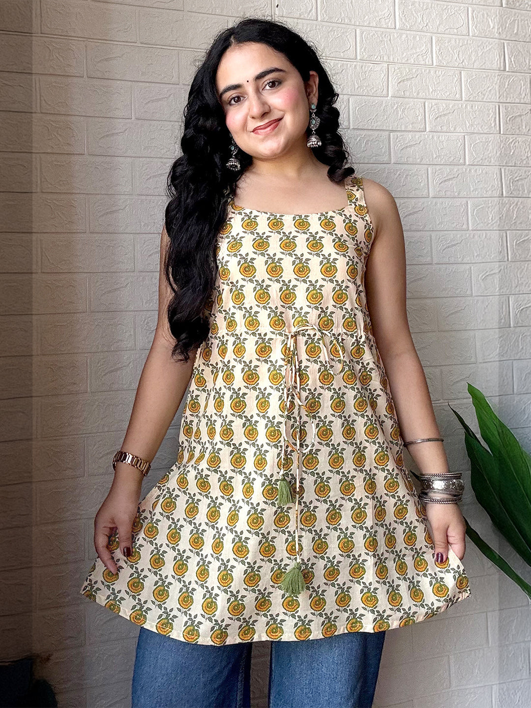 Cream Pure Cotton Floral Printed A-line Tunic