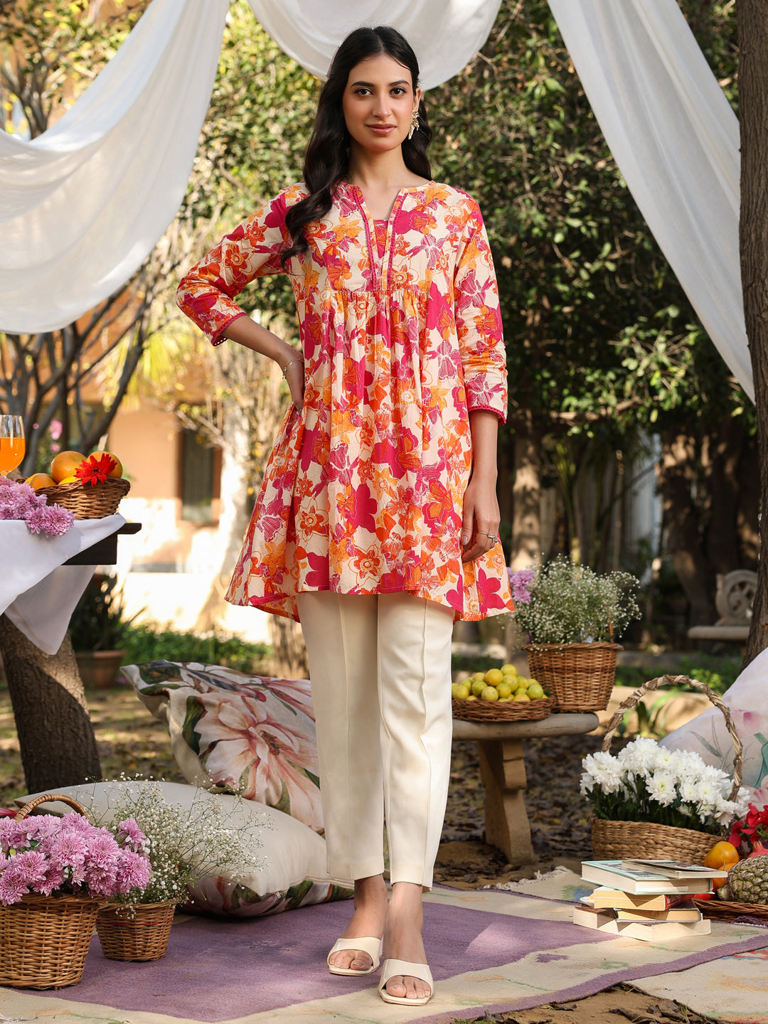 Cream Pure Cotton Floral Printed A-Line Tunic