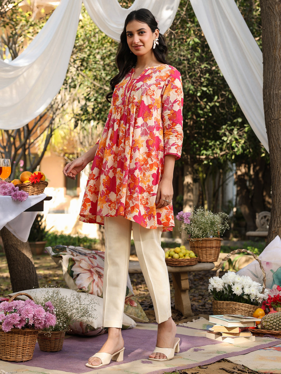 Cream Pure Cotton Floral Printed A-Line Tunic