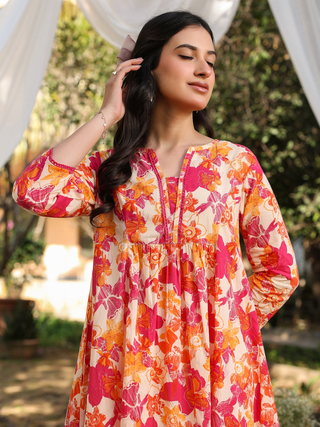 Cream Pure Cotton Floral Printed A-Line Tunic