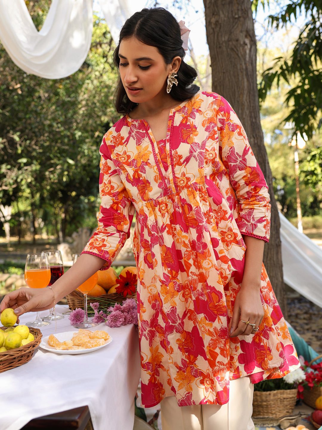 Cream Pure Cotton Floral Printed A-Line Tunic