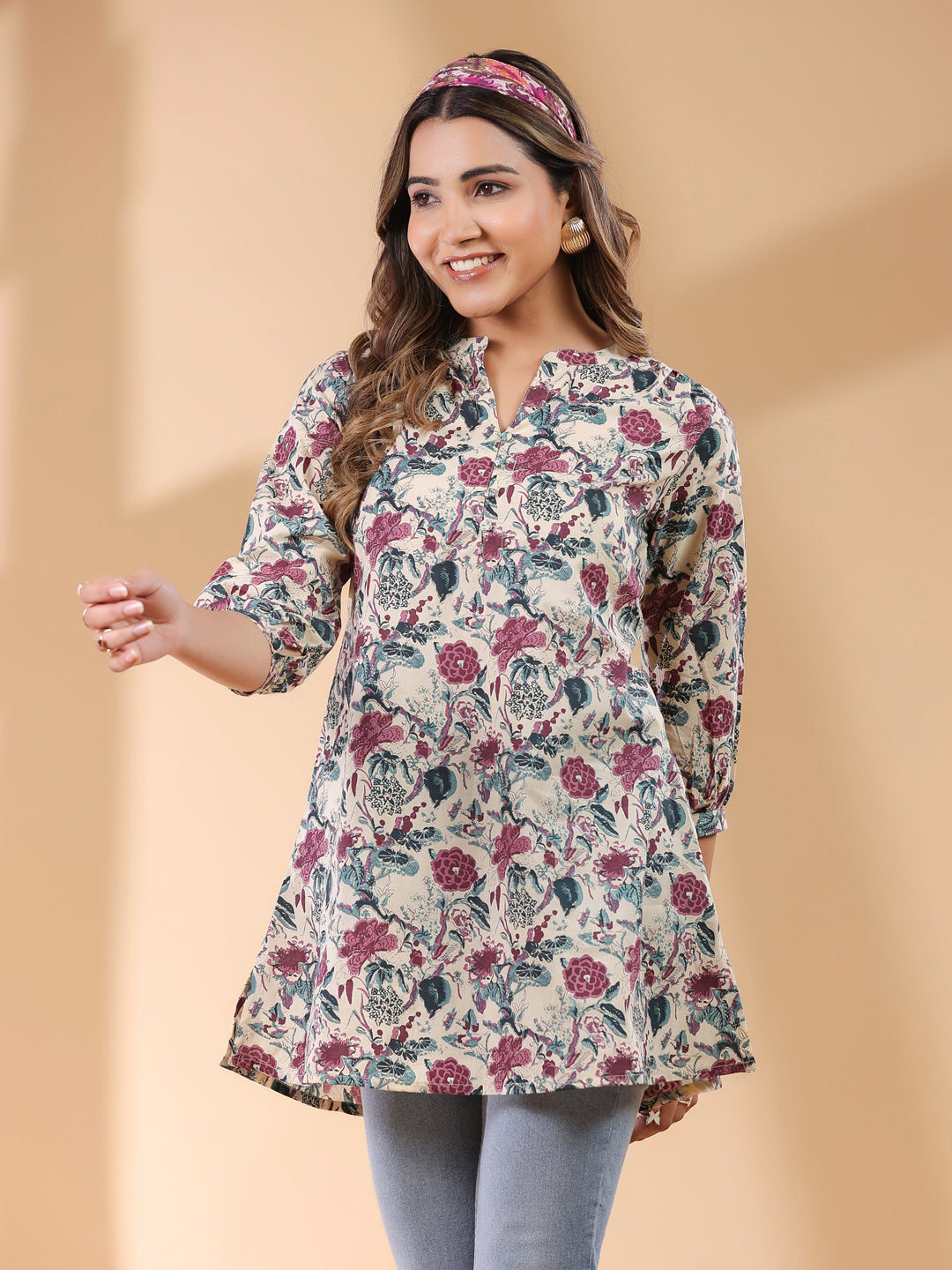 Beige Pure Cotton Floral Printed Straight Tunic