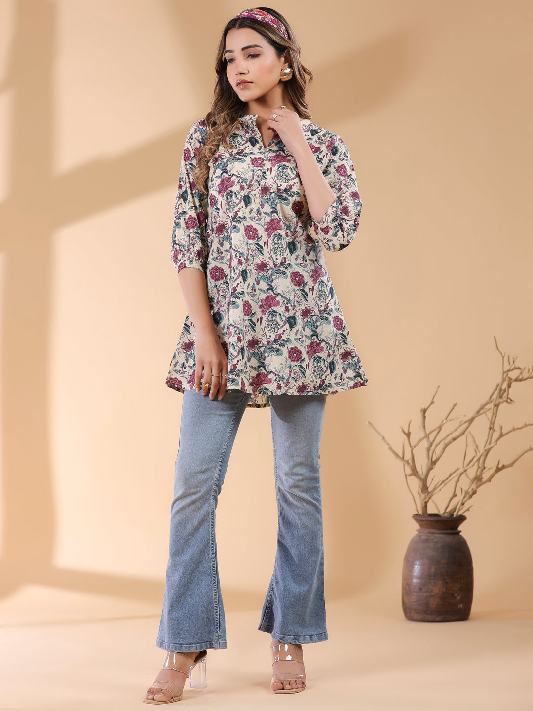 Beige Pure Cotton Floral Printed Straight Tunic