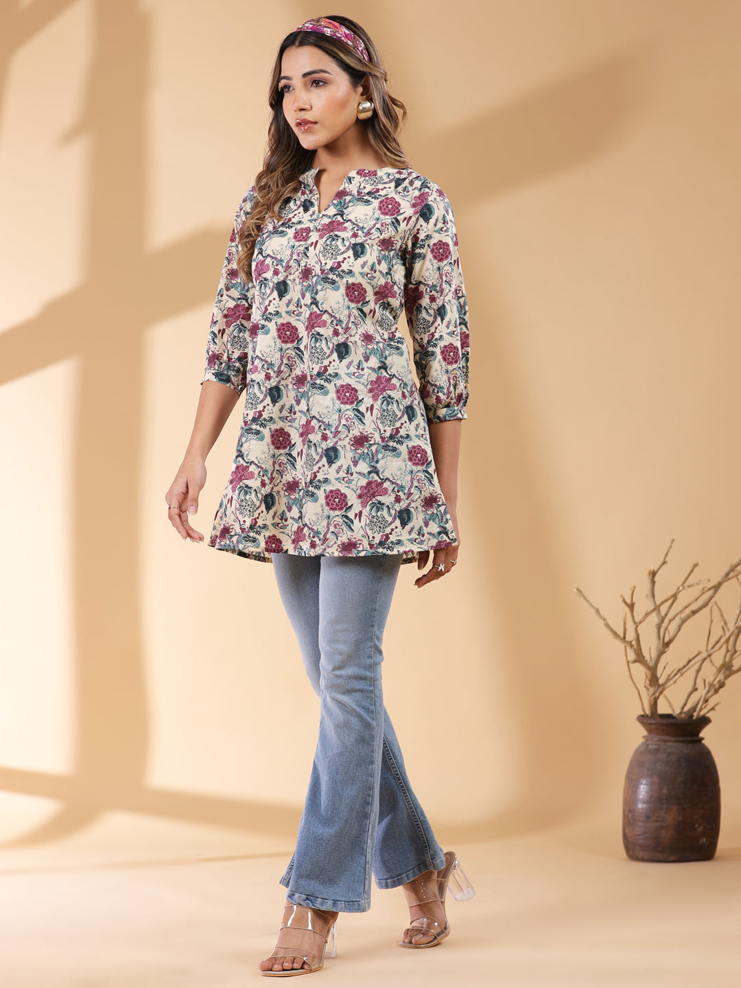 Beige Pure Cotton Floral Printed Straight Tunic