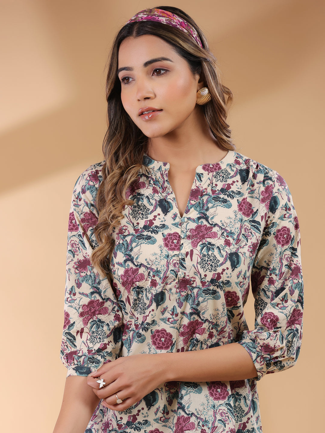 Beige Pure Cotton Floral Printed Straight Tunic