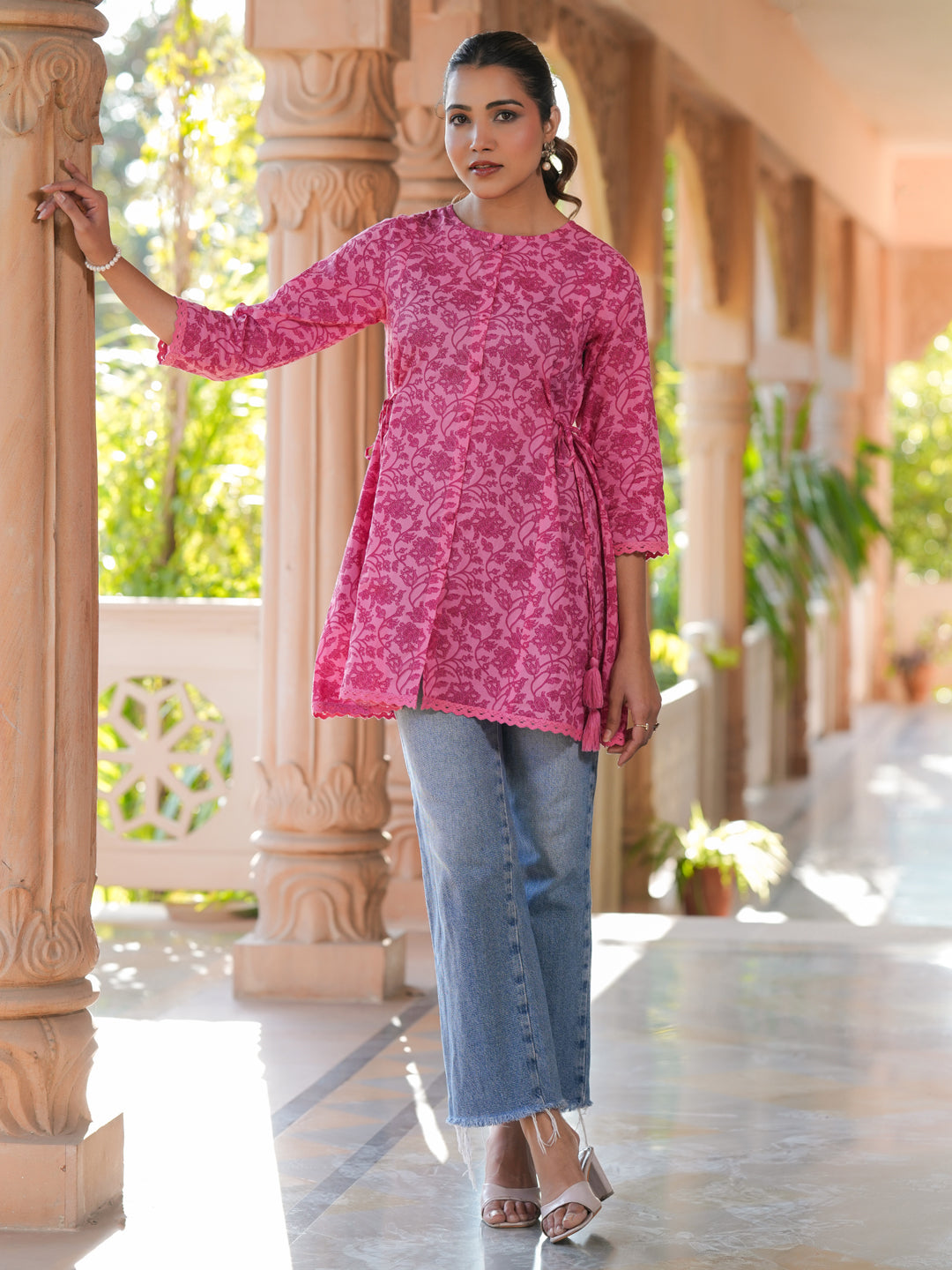 Pink Pure Cotton Floral Printed A-line Tunic