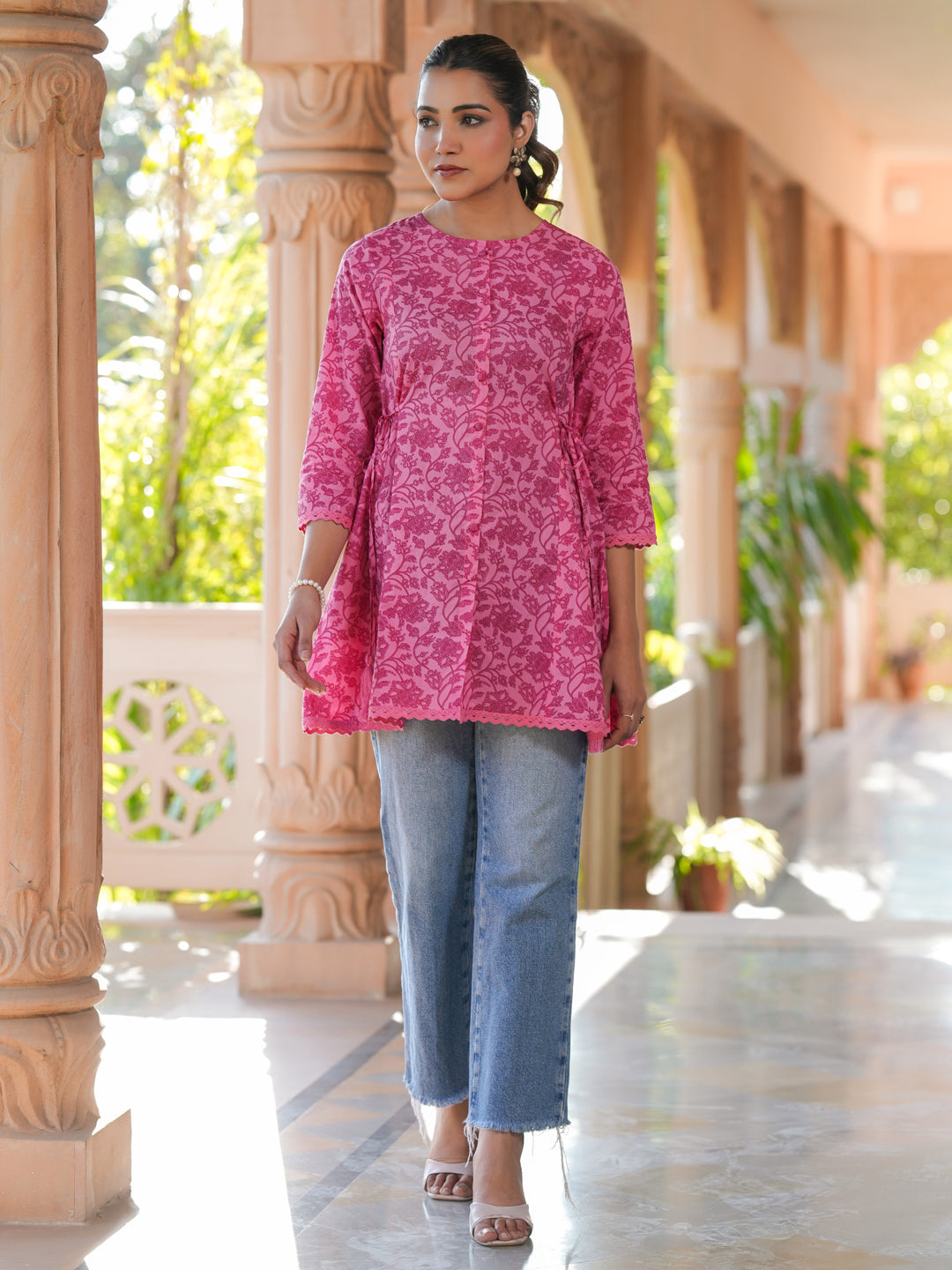 Pink Pure Cotton Floral Printed A-line Tunic