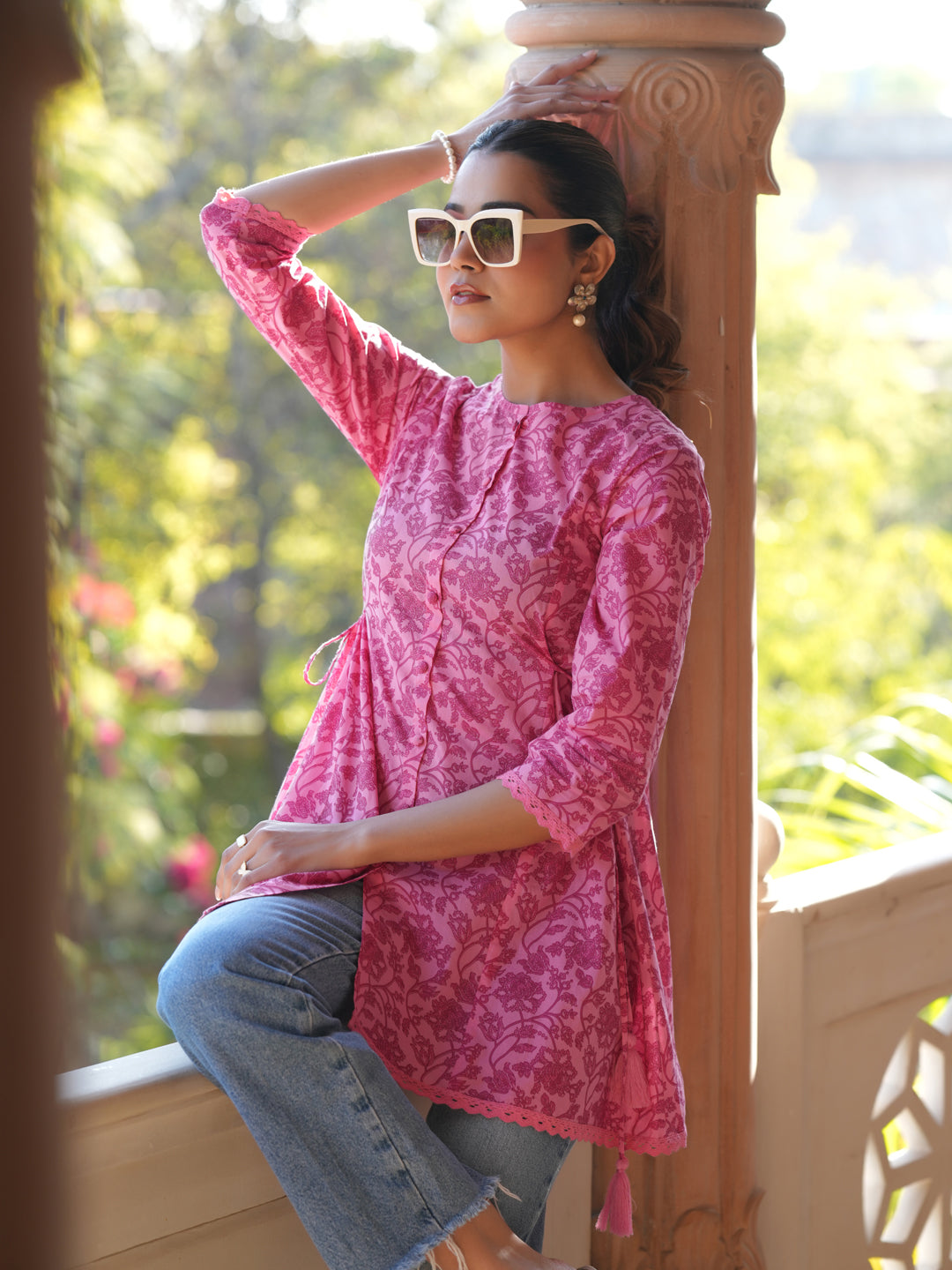 Pink Pure Cotton Floral Printed A-line Tunic