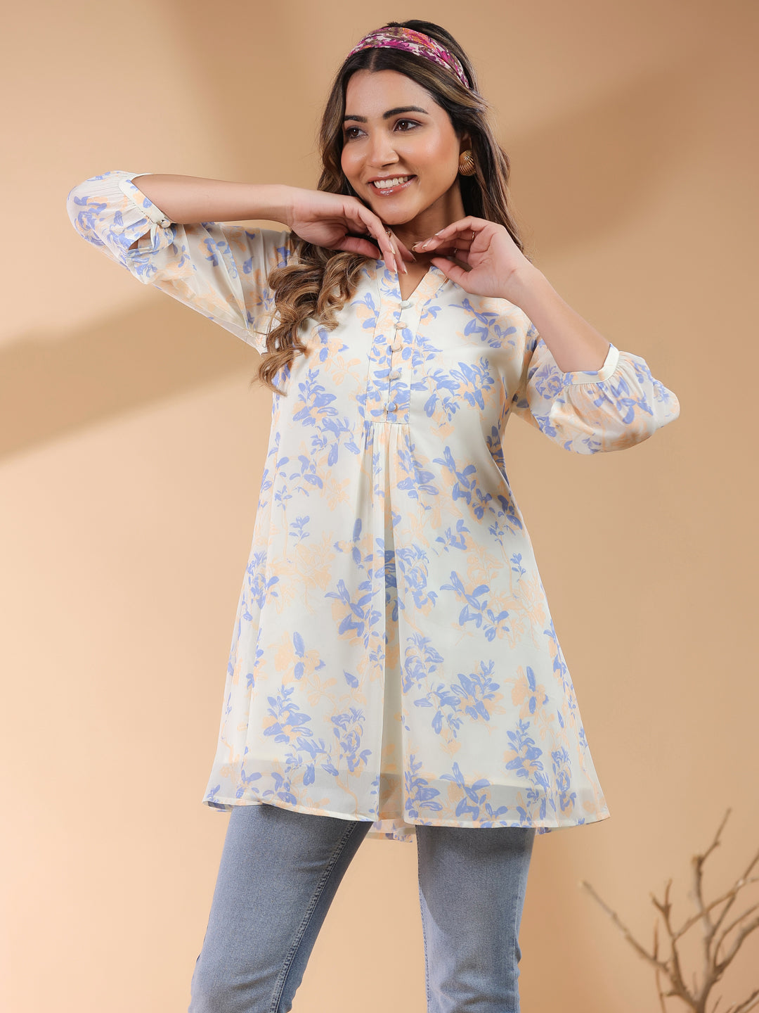 Cream Georgette Floral Printed A-Line Tunic