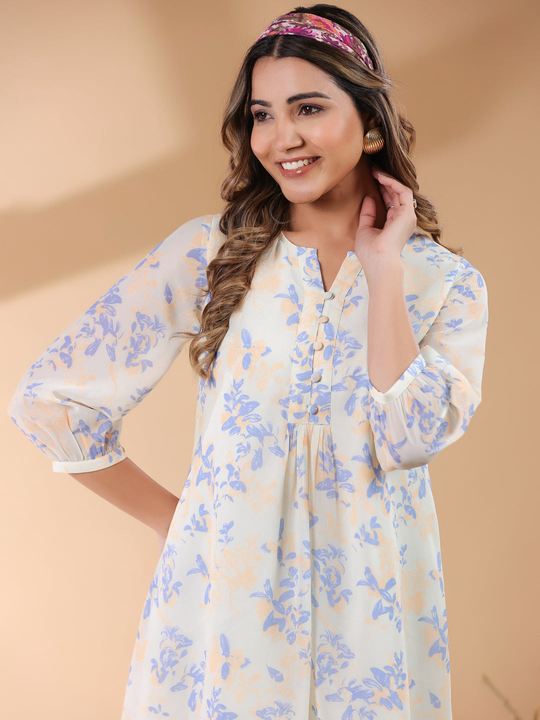 Cream Georgette Floral Printed A-Line Tunic