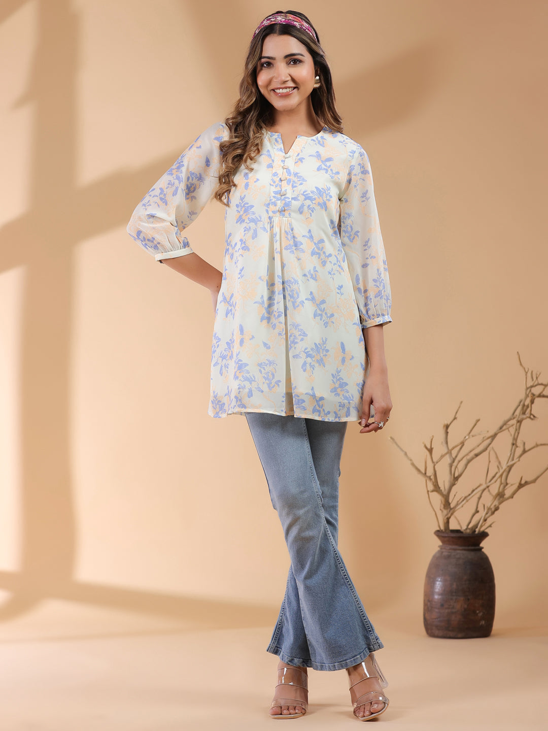 Cream Georgette Floral Printed A-Line Tunic