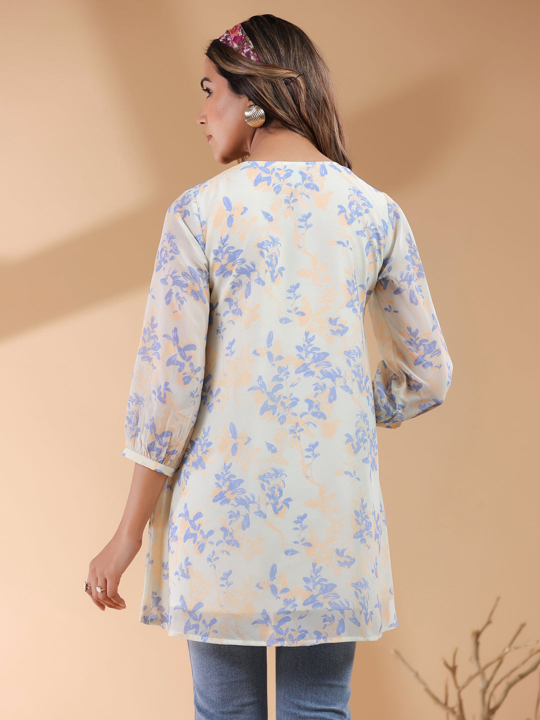 Cream Georgette Floral Printed A-Line Tunic