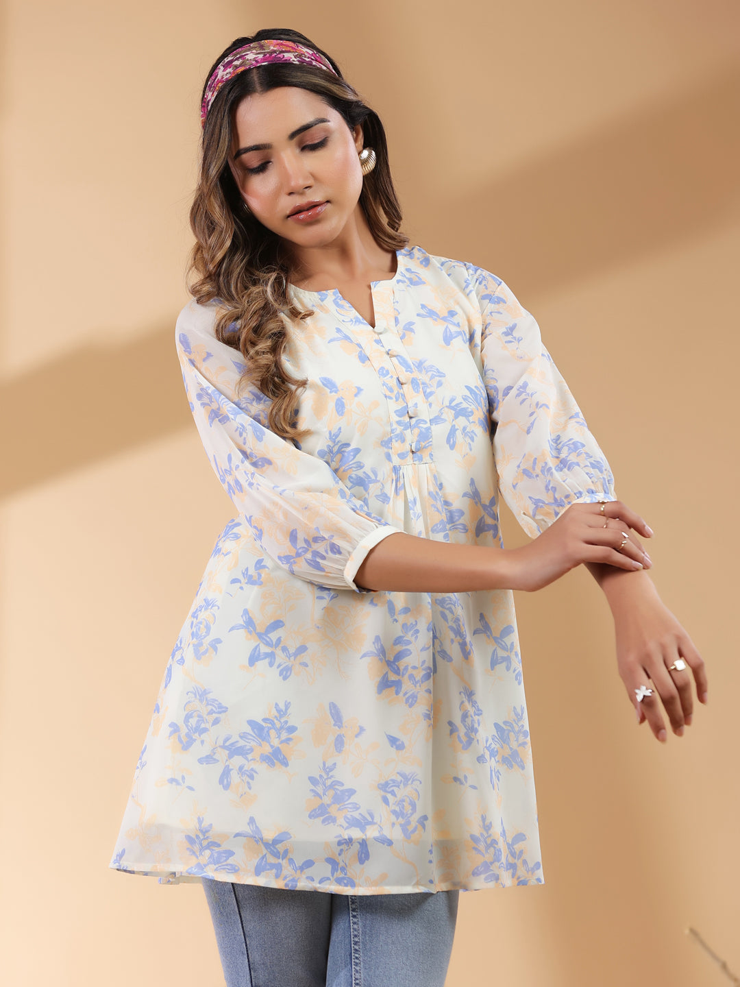 Cream Georgette Floral Printed A-Line Tunic