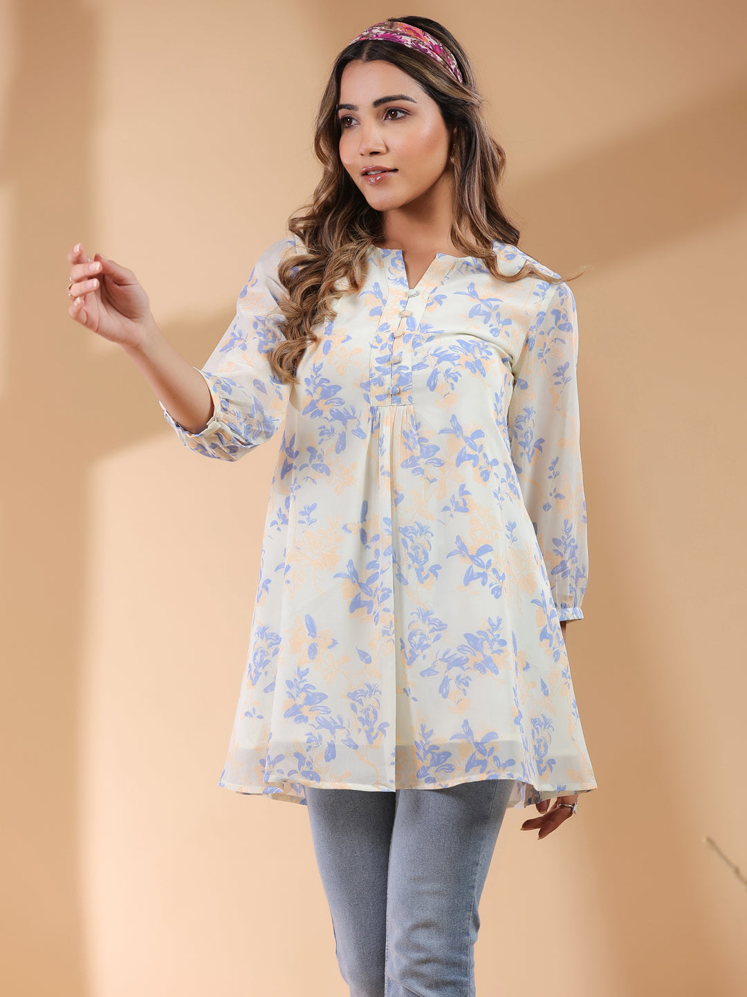 Cream Georgette Floral Printed A-Line Tunic