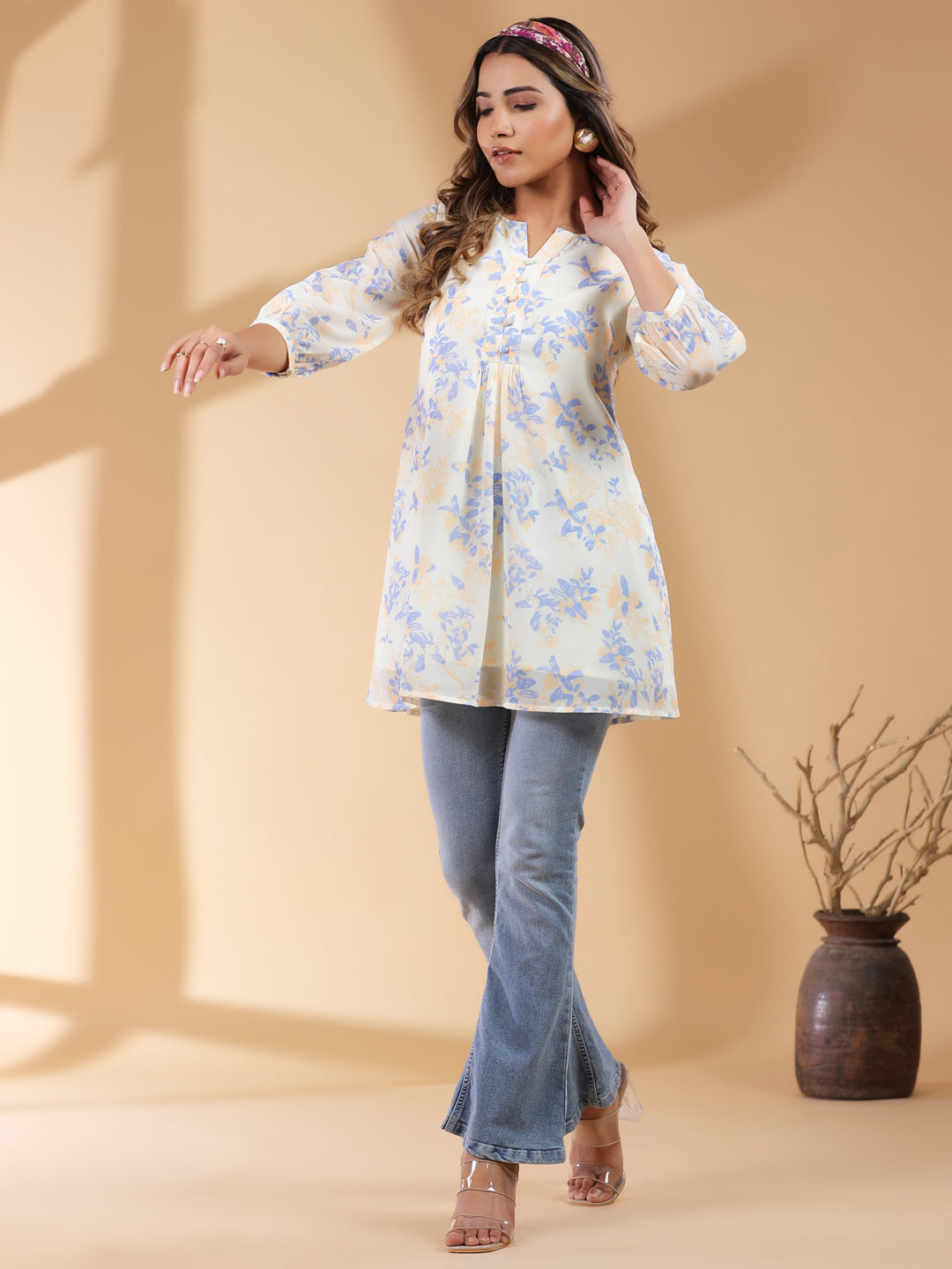 Cream Georgette Floral Printed A-Line Tunic