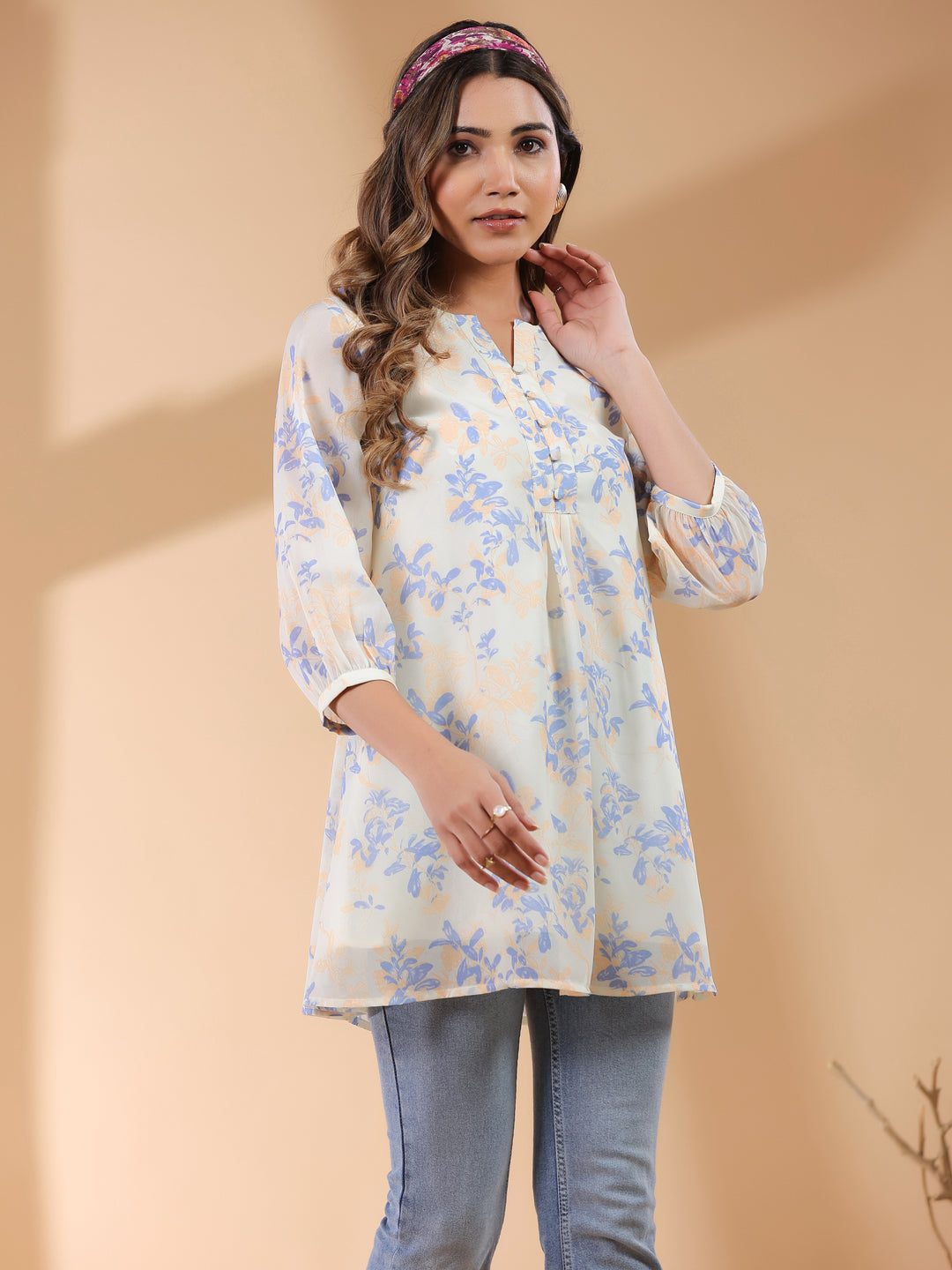 Cream Georgette Floral Printed A-Line Tunic