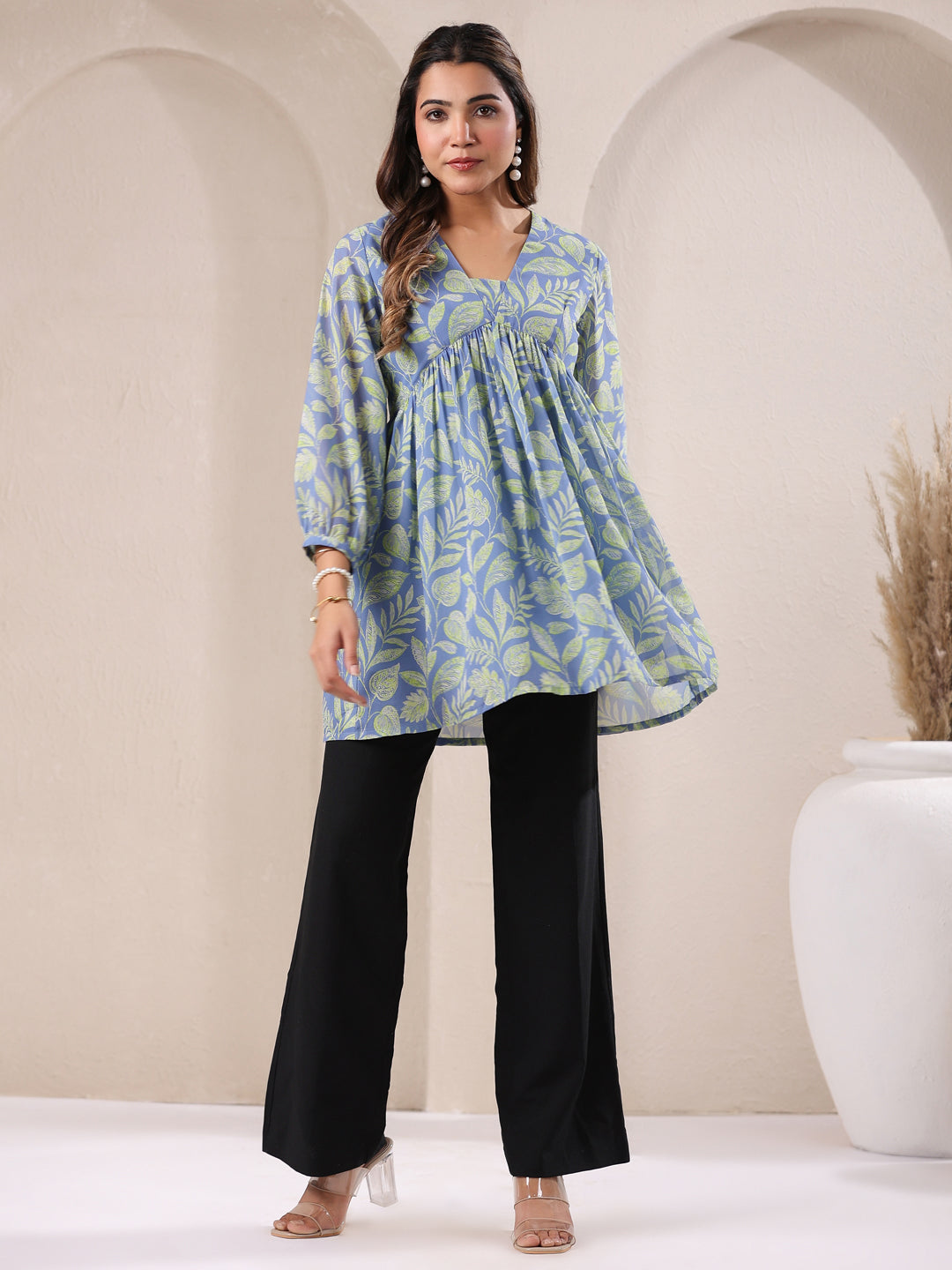 Light Blue Georgette Tropical Printed A-Line Tunic