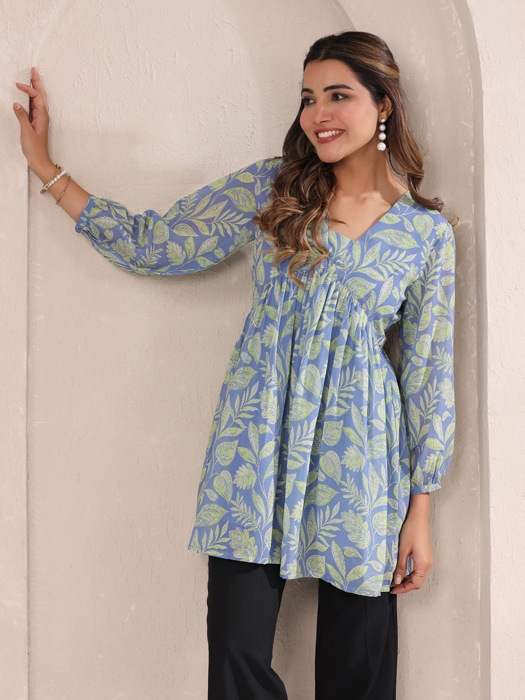 Light Blue Georgette Tropical Printed A-Line Tunic