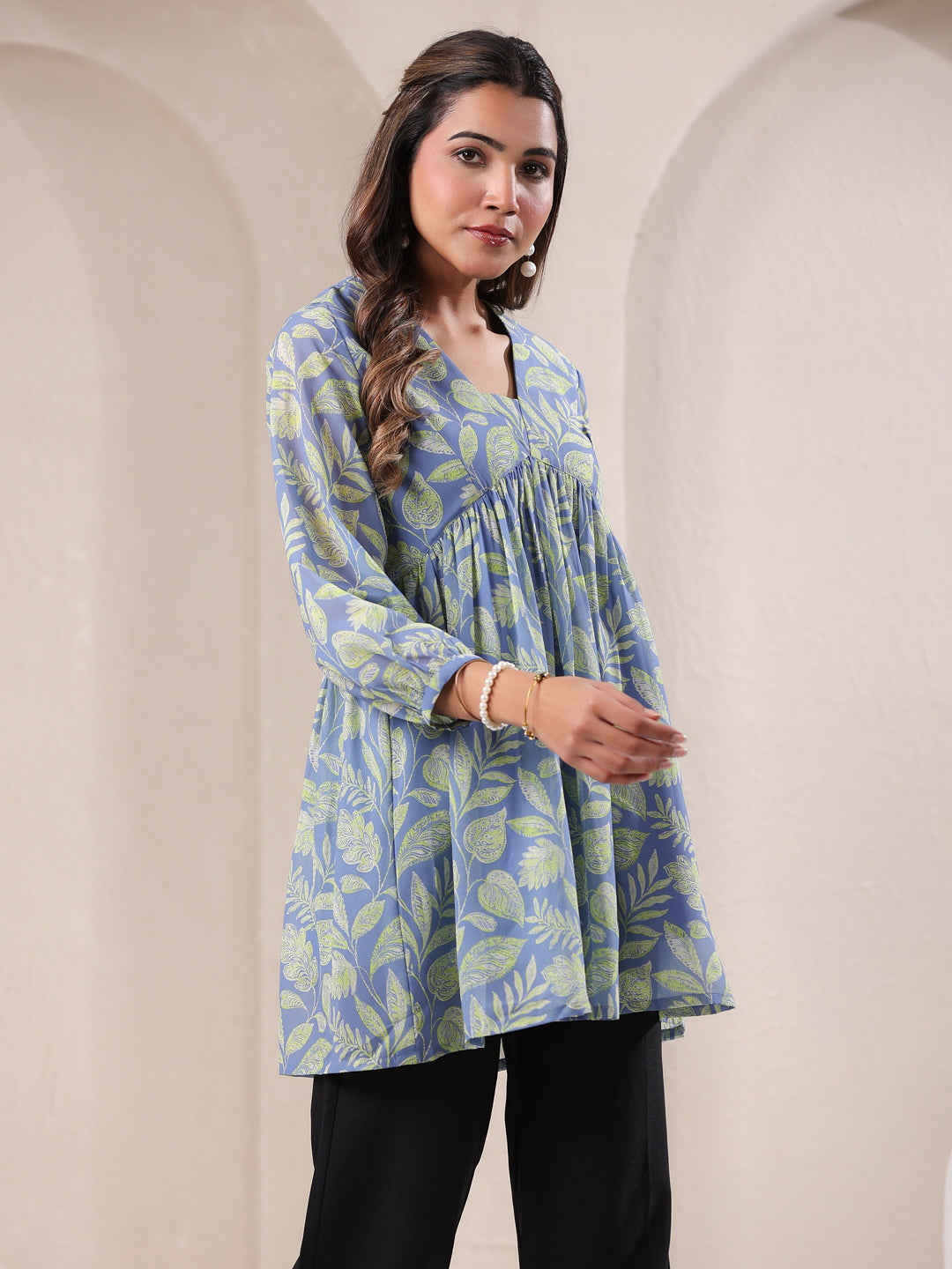 Light Blue Georgette Tropical Printed A-Line Tunic