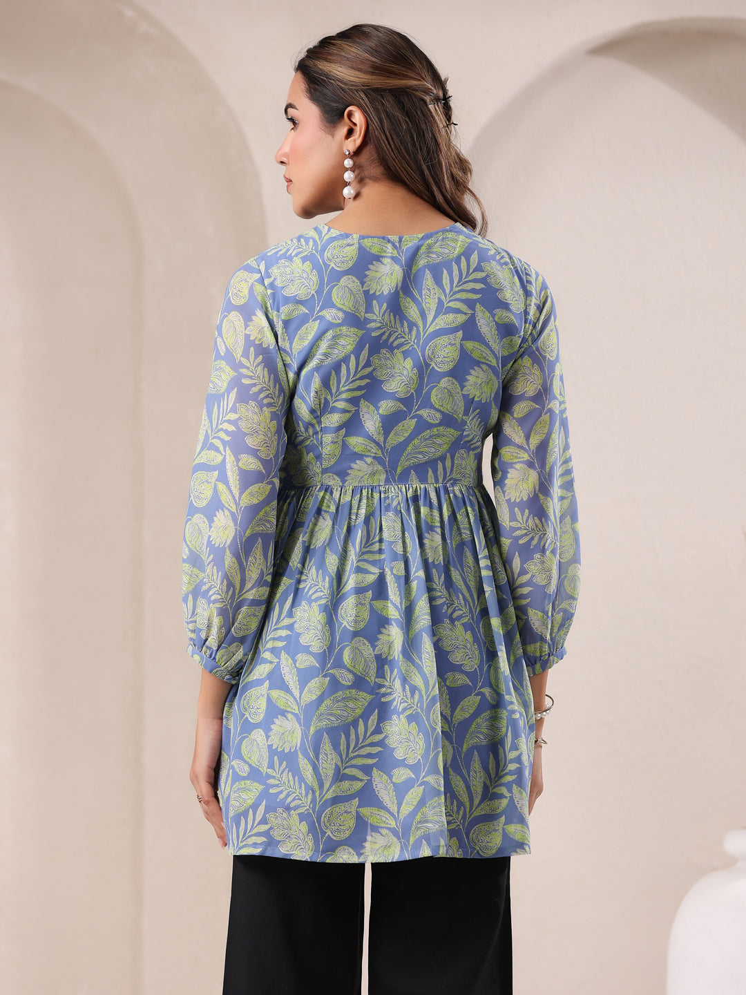 Light Blue Georgette Tropical Printed A-Line Tunic