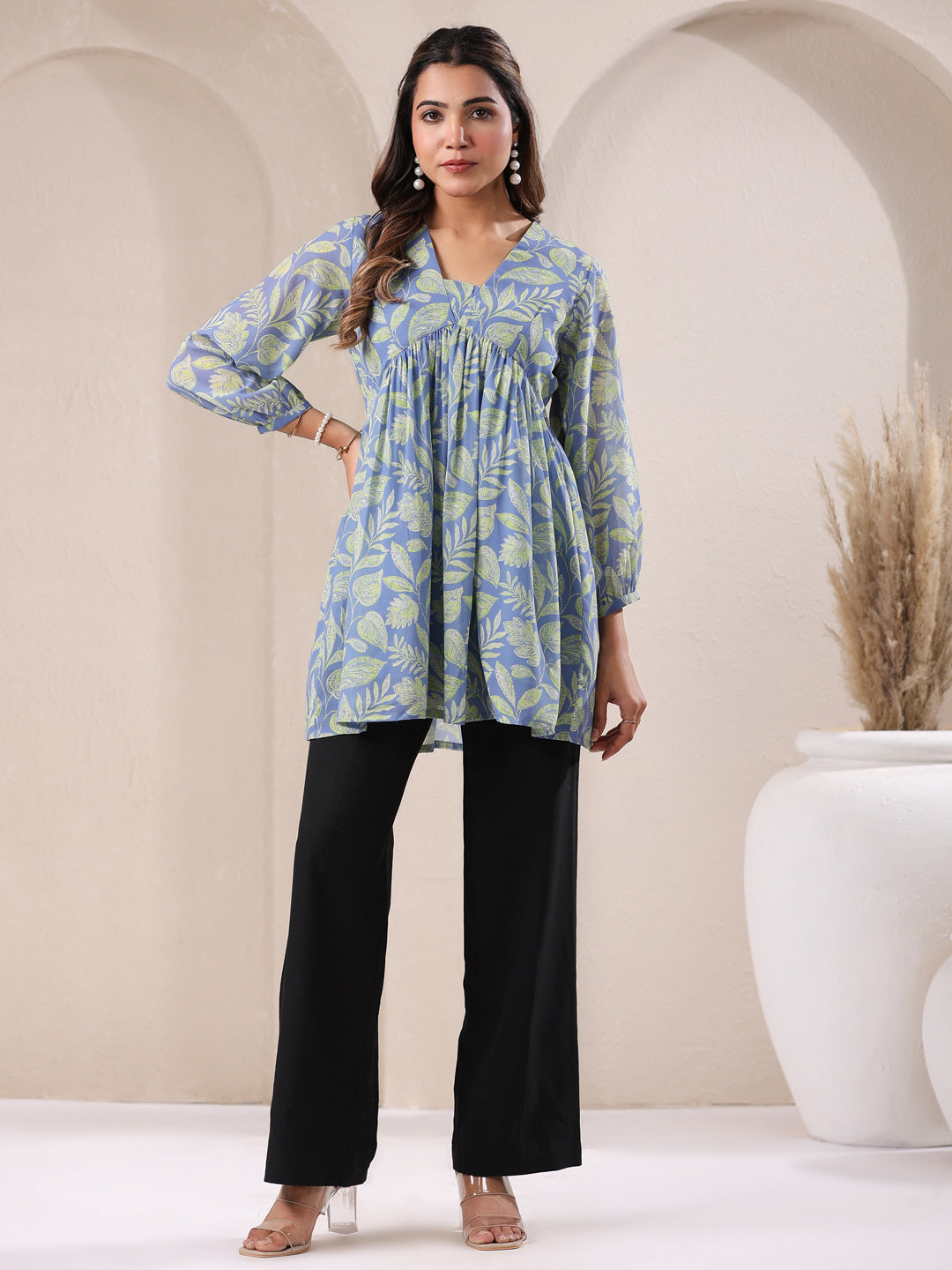 Light Blue Georgette Tropical Printed A-Line Tunic